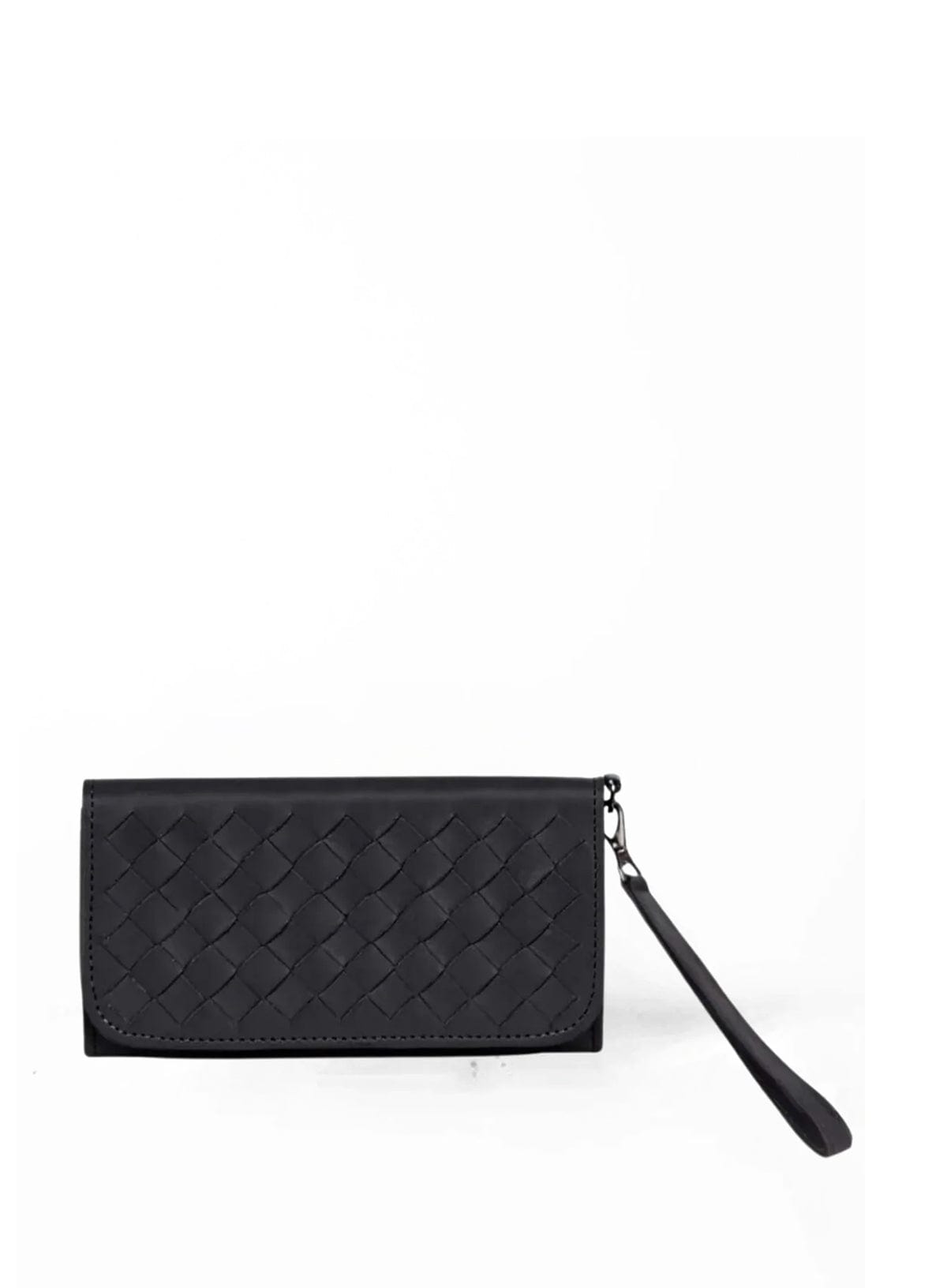 woven wristlet wallet from ethically crafted accessories in black held by model showcasing side view.
