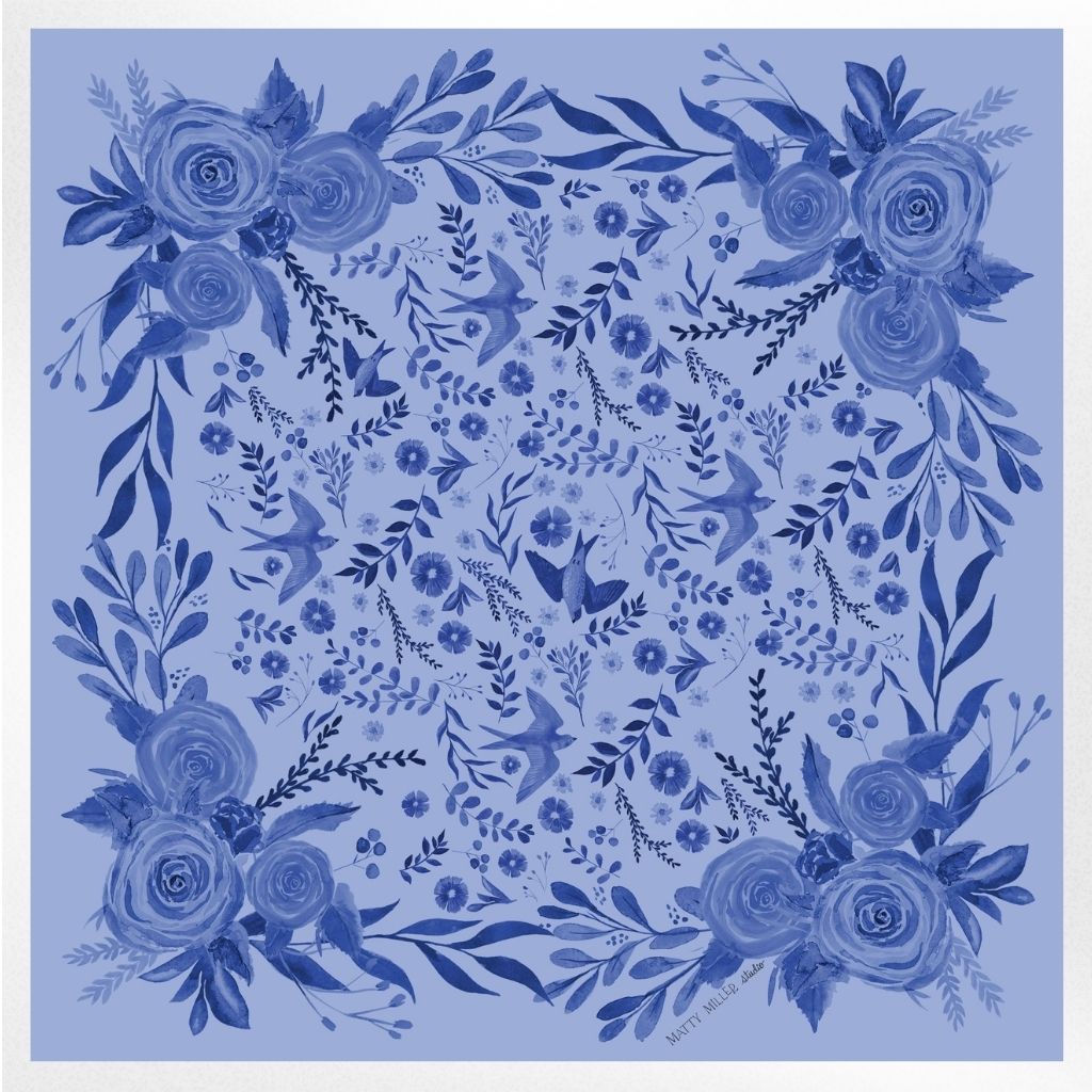100% Silk Scarf: Zephyr - Blue Floral Bird Pattern