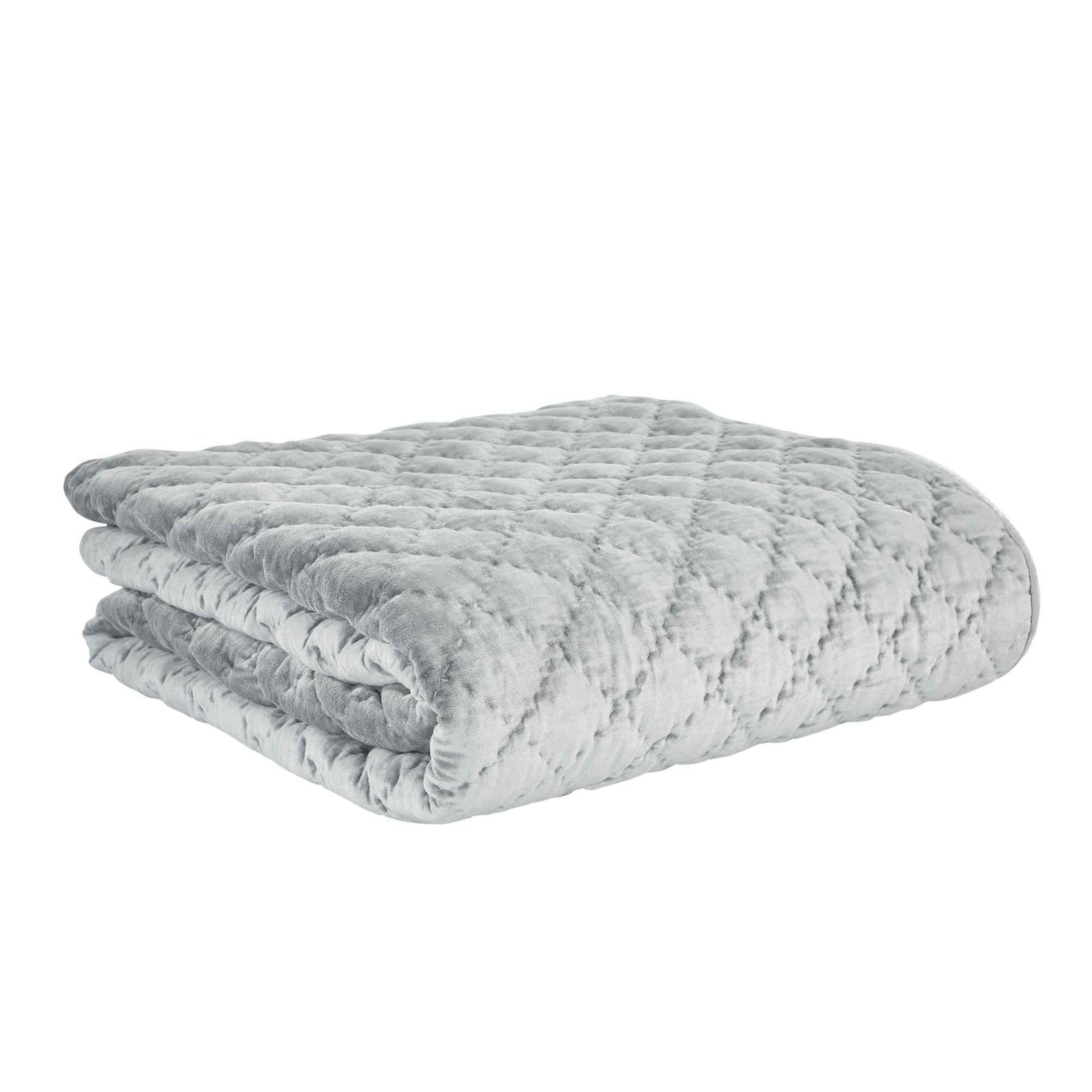 QT-356-9496-LOT1_6|Neatly folded light grey velvet quilt with elegant diamond quilting, offering plush comfort and style.