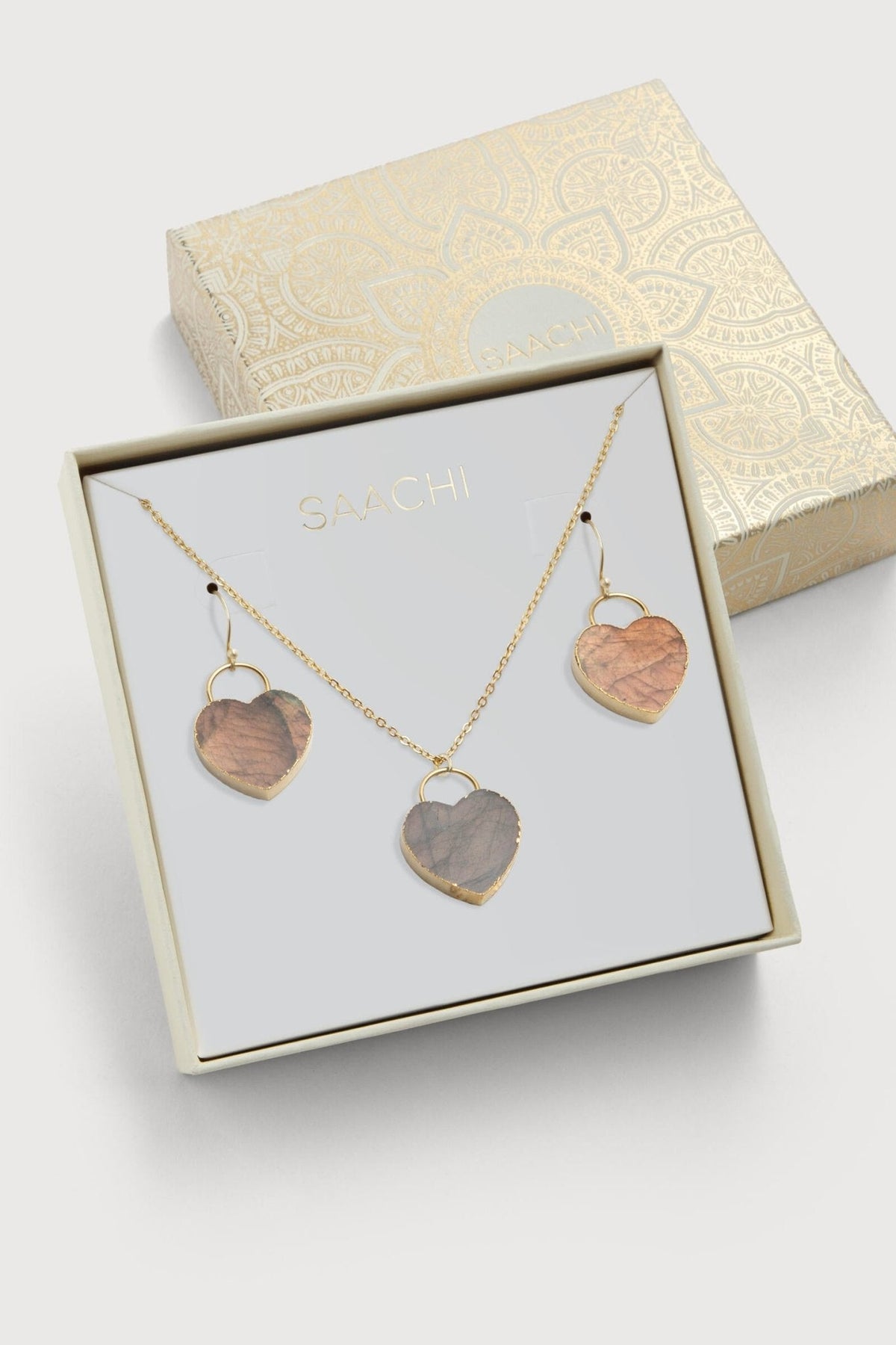 Natural Stone Heart Earrings And Necklace Set - Bisque