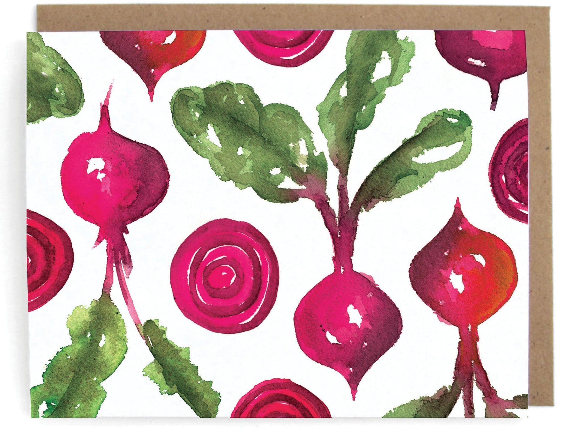 White card with watercolor beets design, with a brown envelope