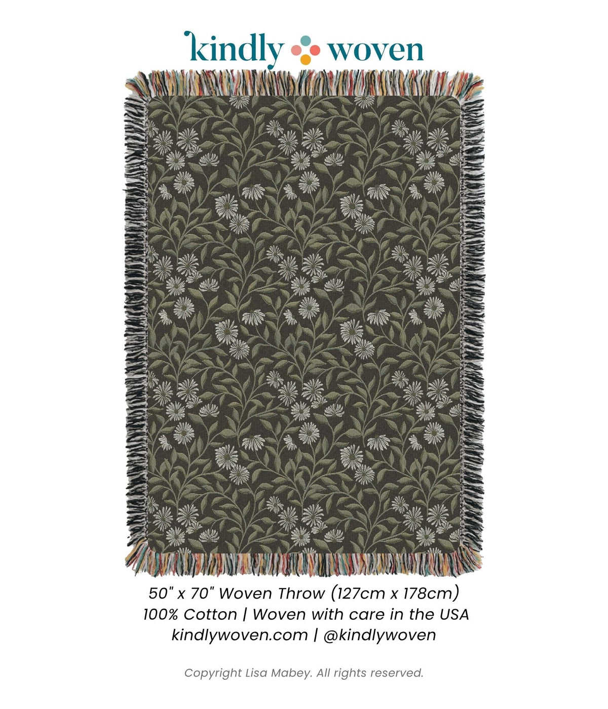 May Bramble product card showing the full black and gold floral botanical woven throw blanket