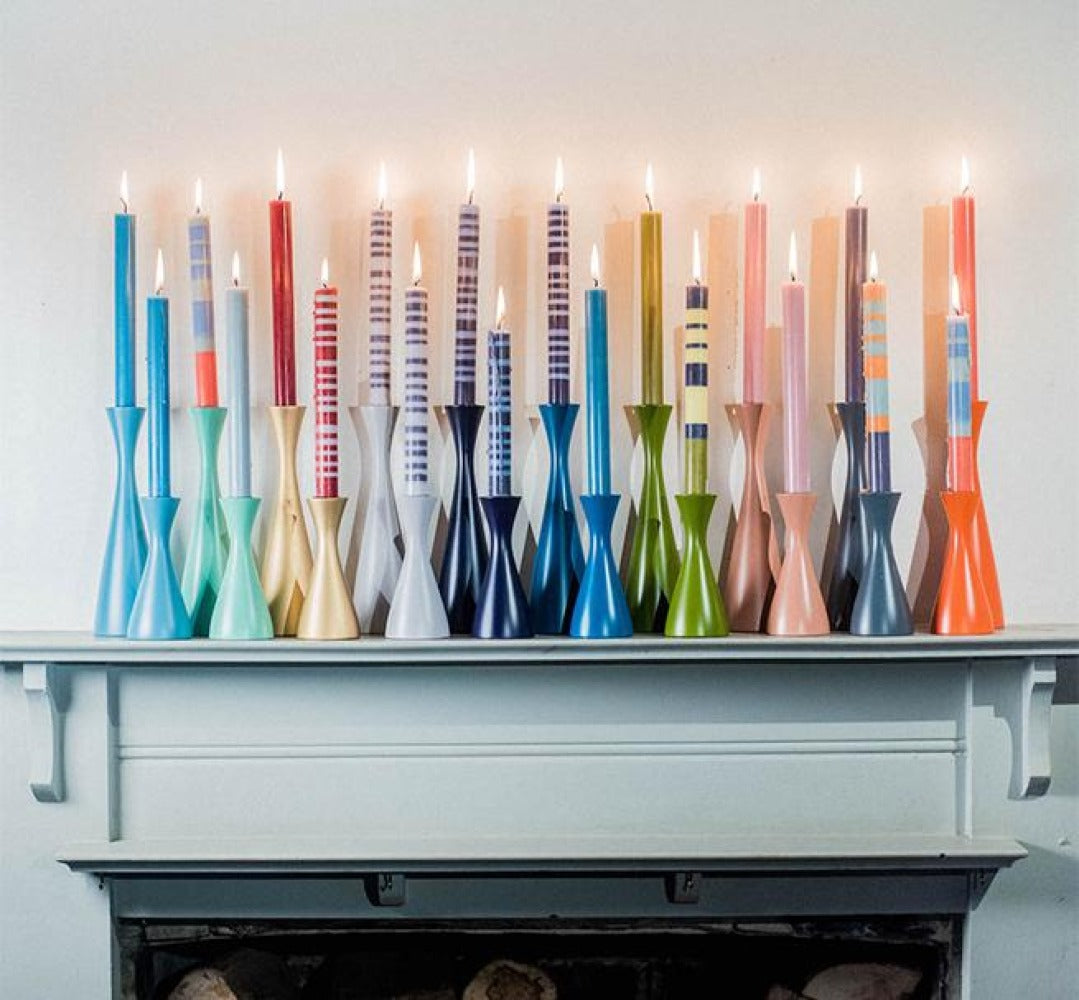 BRITISH COLOUR STANDARD Fair Trade Made, Colourful Striped and Solid Eco Candles, Colourful Wooden candleholders 