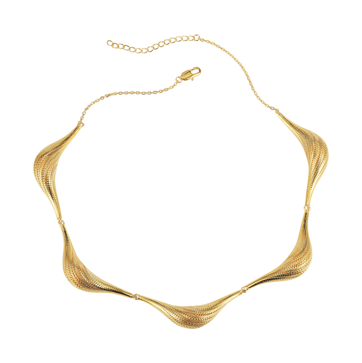 Gold sculptural pendant necklace with a flowing ridged form on a fine chain, Laminar Flow collection