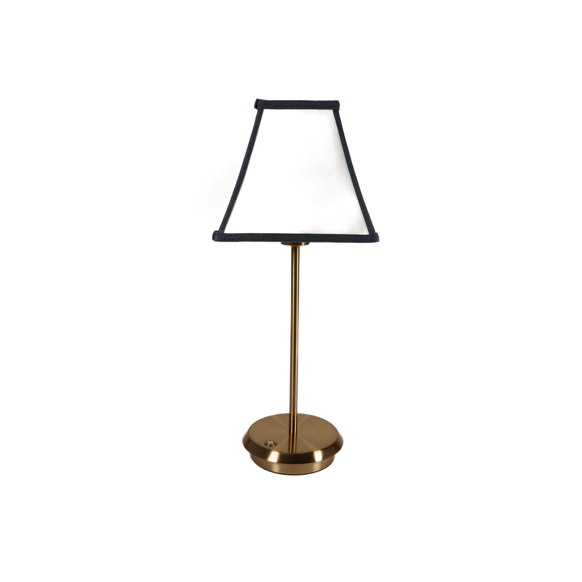 Noir & Pearl cordless table lamp with white shade, black trim and gold base