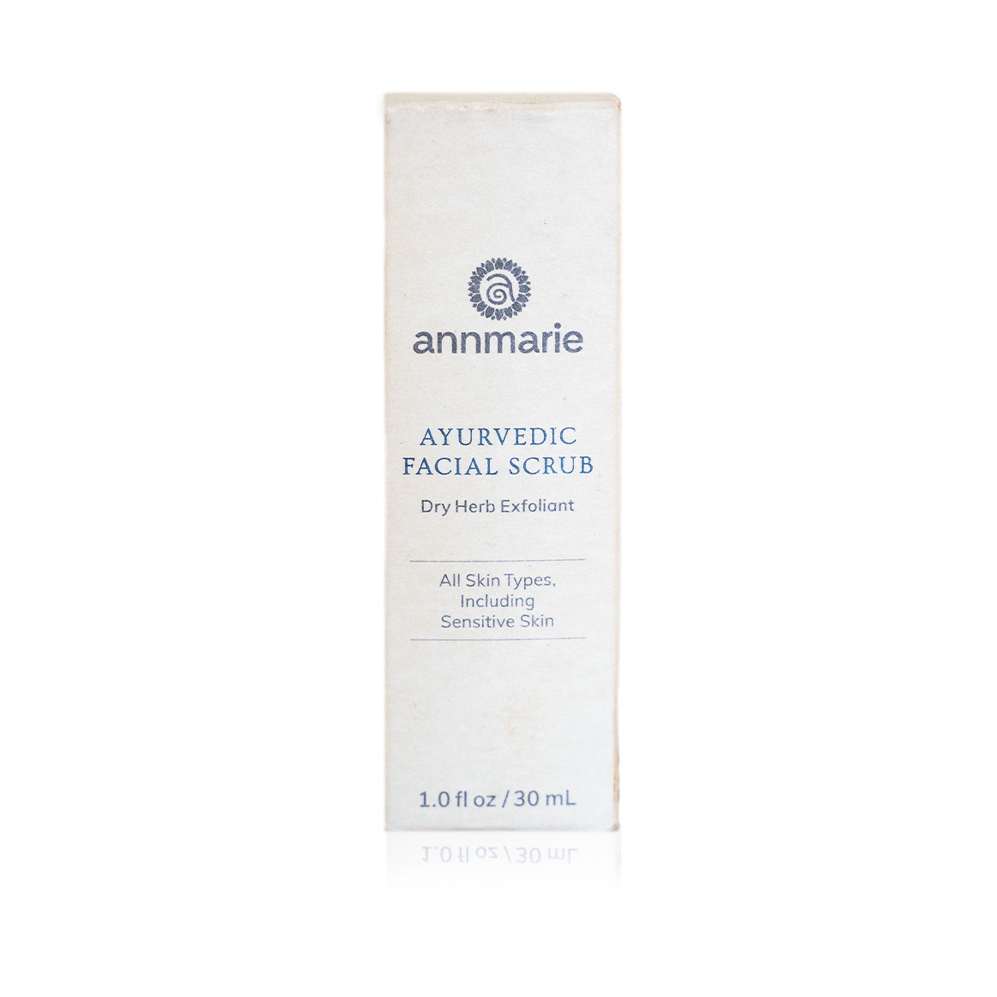 Annmarie Ayurvedic Facial Scrub packaging for dry herb exfoliant suitable for all skin types, including sensitive skin.
