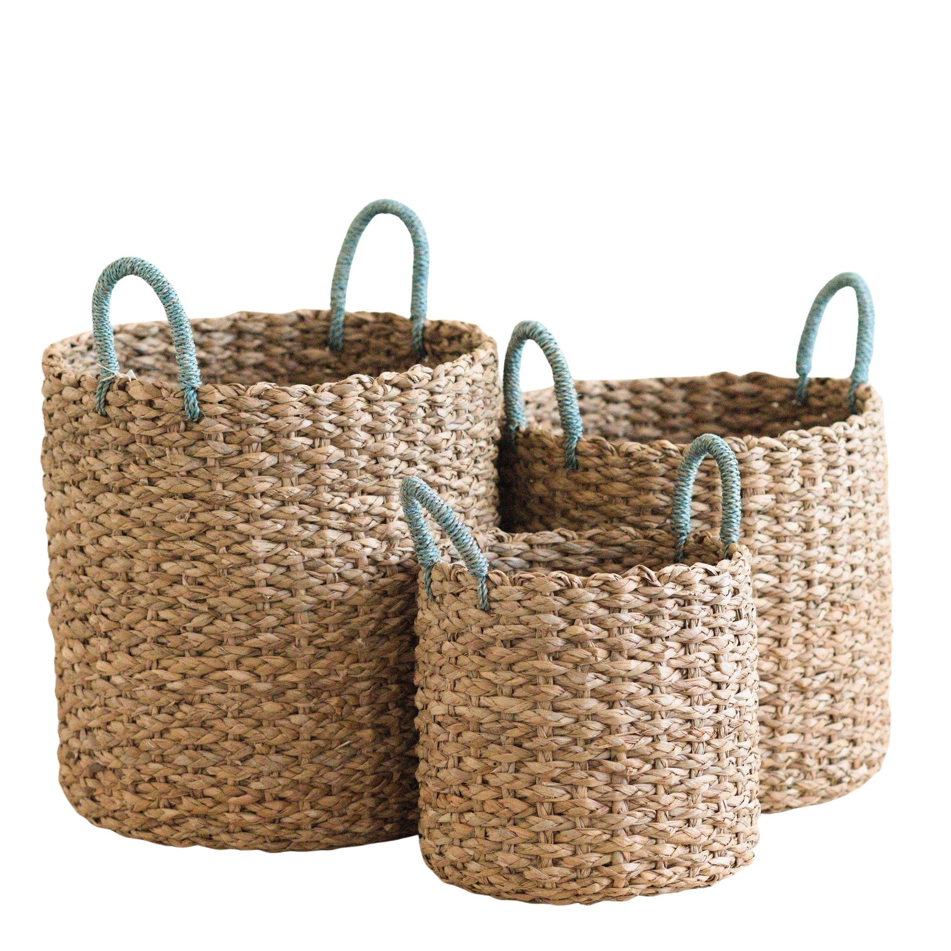 Baskets - Seagrass Woven Baskets with Sky Blue Handle Set of 3 - Straw Baskets | LIKHÂ - LIKHÂ