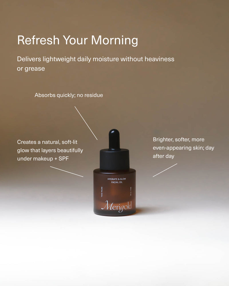 Skincare dropper bottle with text on a beige background