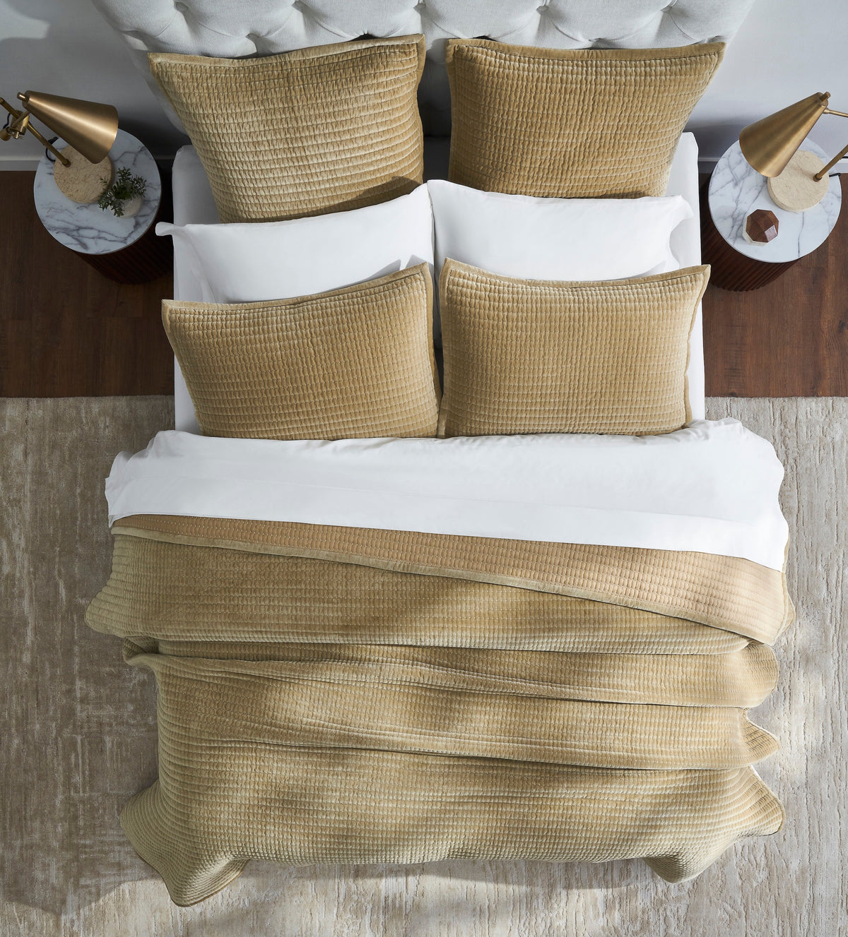 CL-267-11096_5|Luxurious tan velvet quilted coverlet and matching pillow, offering plush comfort and elegant texture for a stylish bedroom.