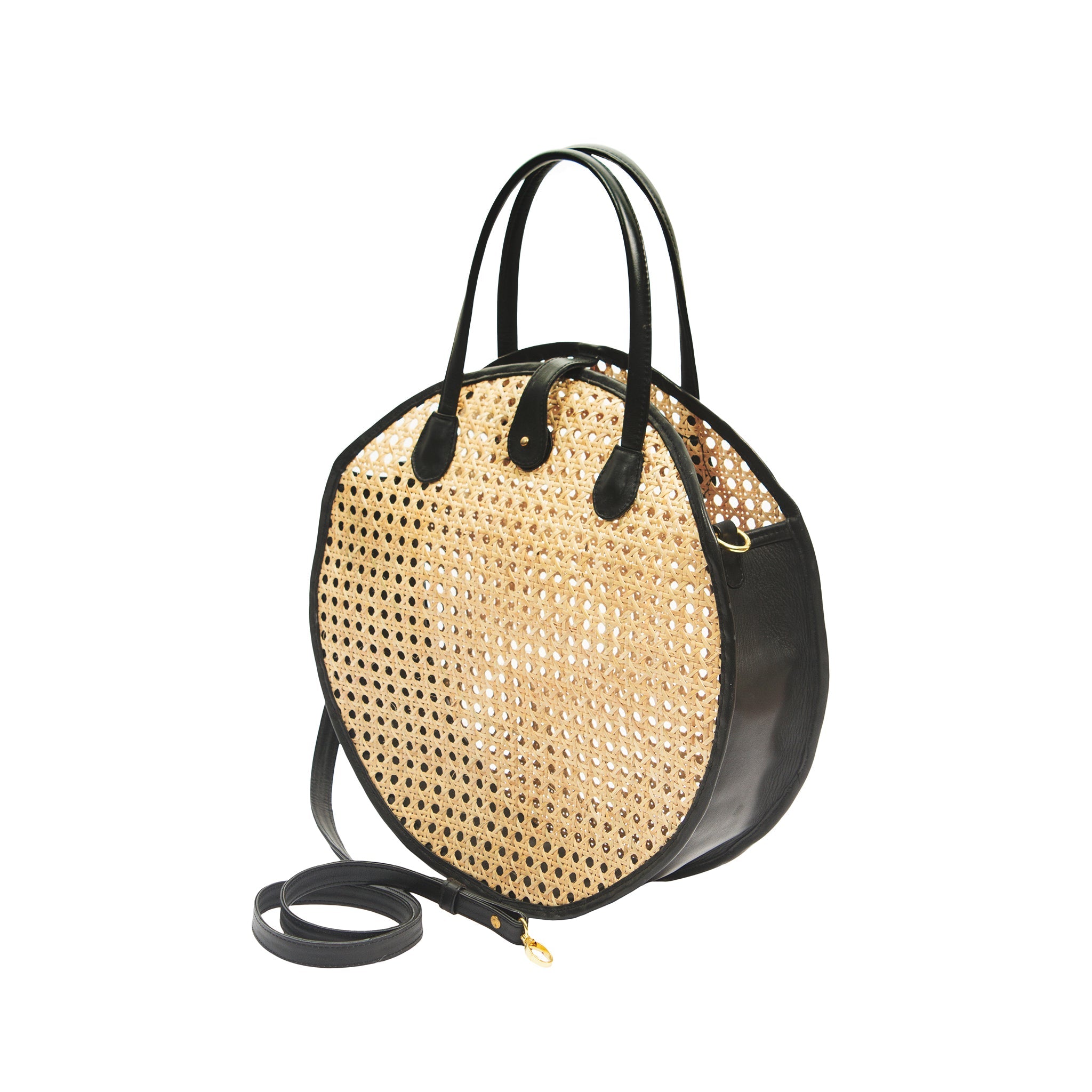 Size view Black  Leather and Rattan Cane Webbing Shoulder Bag