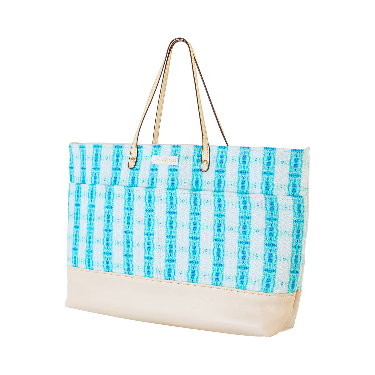 Island Tropical Blue  Striped Canvas Tote with Leather Base
