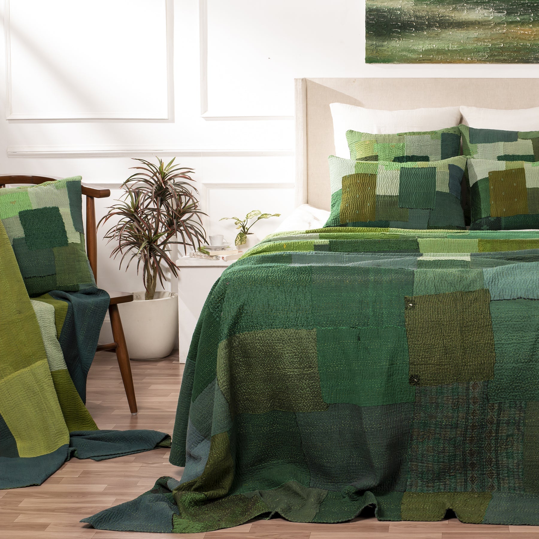 Landscape Fray Patch Handmade vintage Kantha Throw - Green
