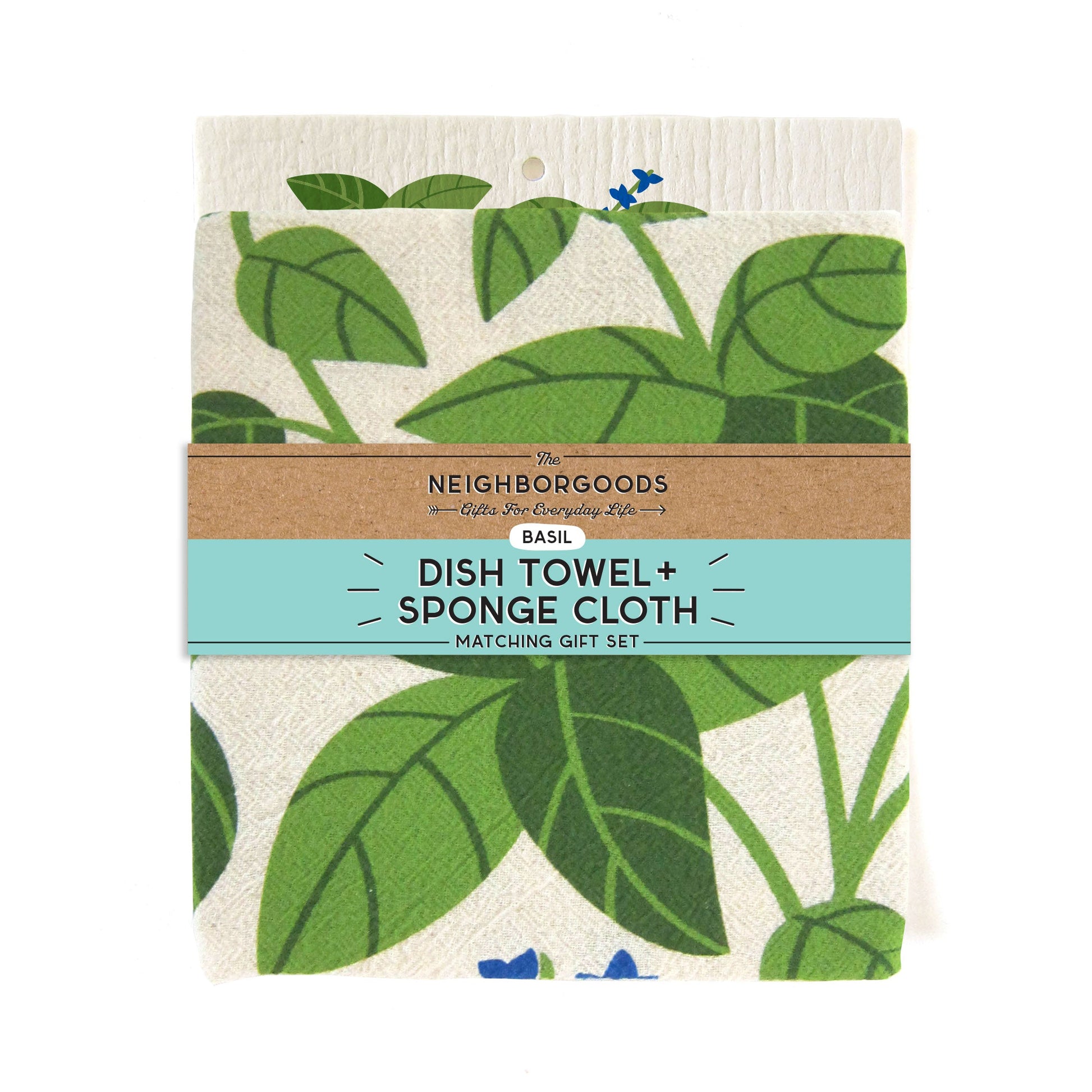 Back of matching dish towel and sponge cloth set with basil design