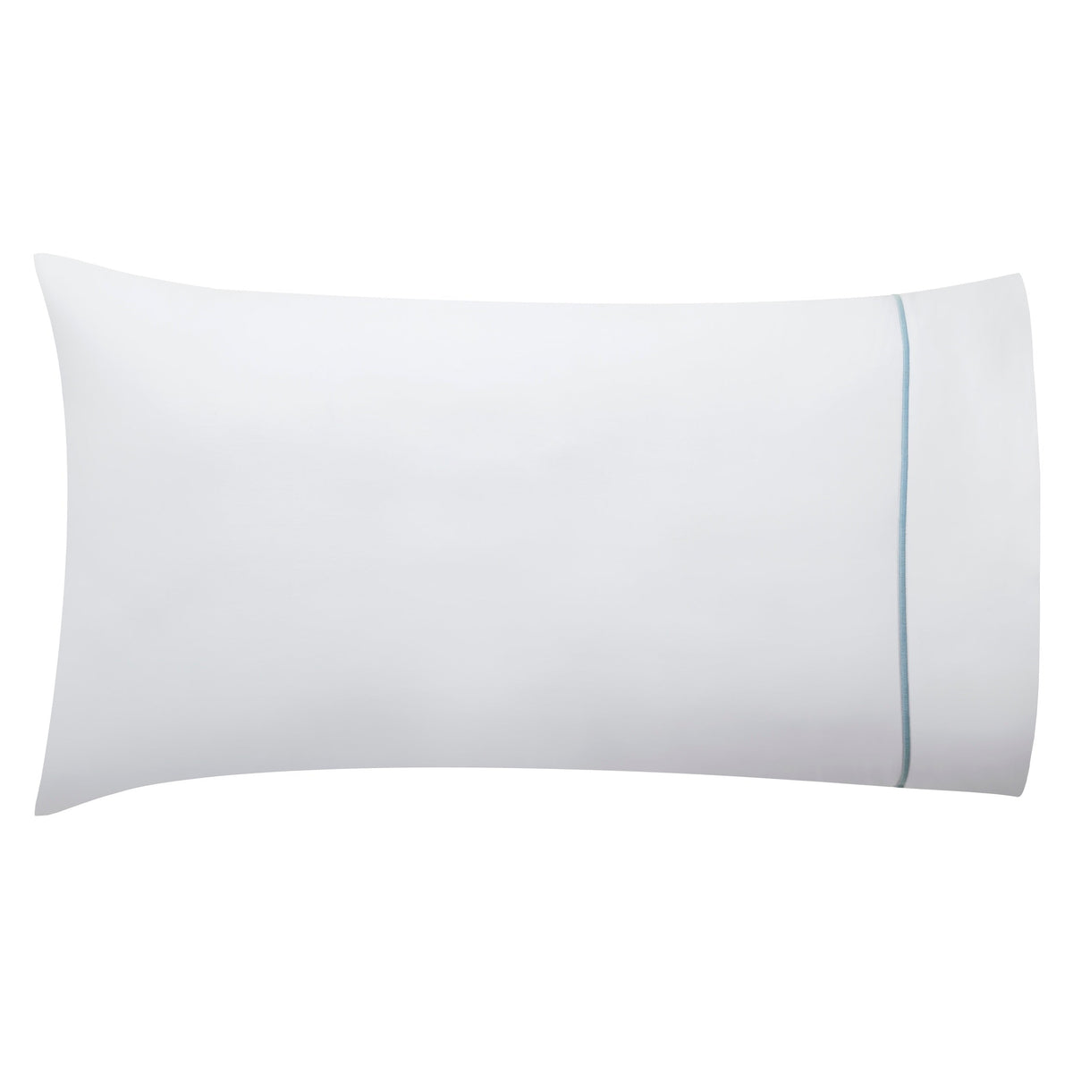 ASP-530-2032_4|White 100% cotton pillowcase with a sateen weave texture and a single light blue piping detail along the open border.