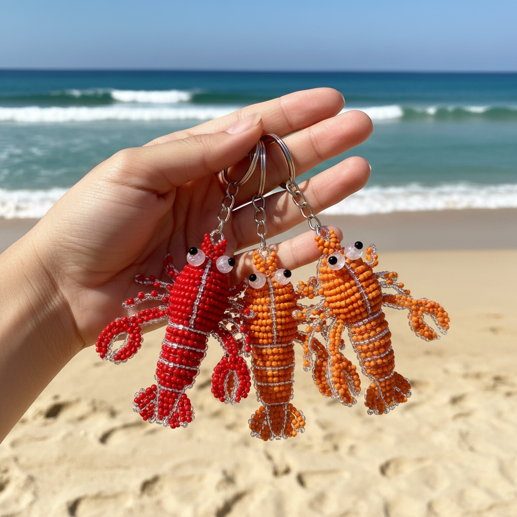 Handcrafted beaded lobster keyrings held at beach coastal setting
