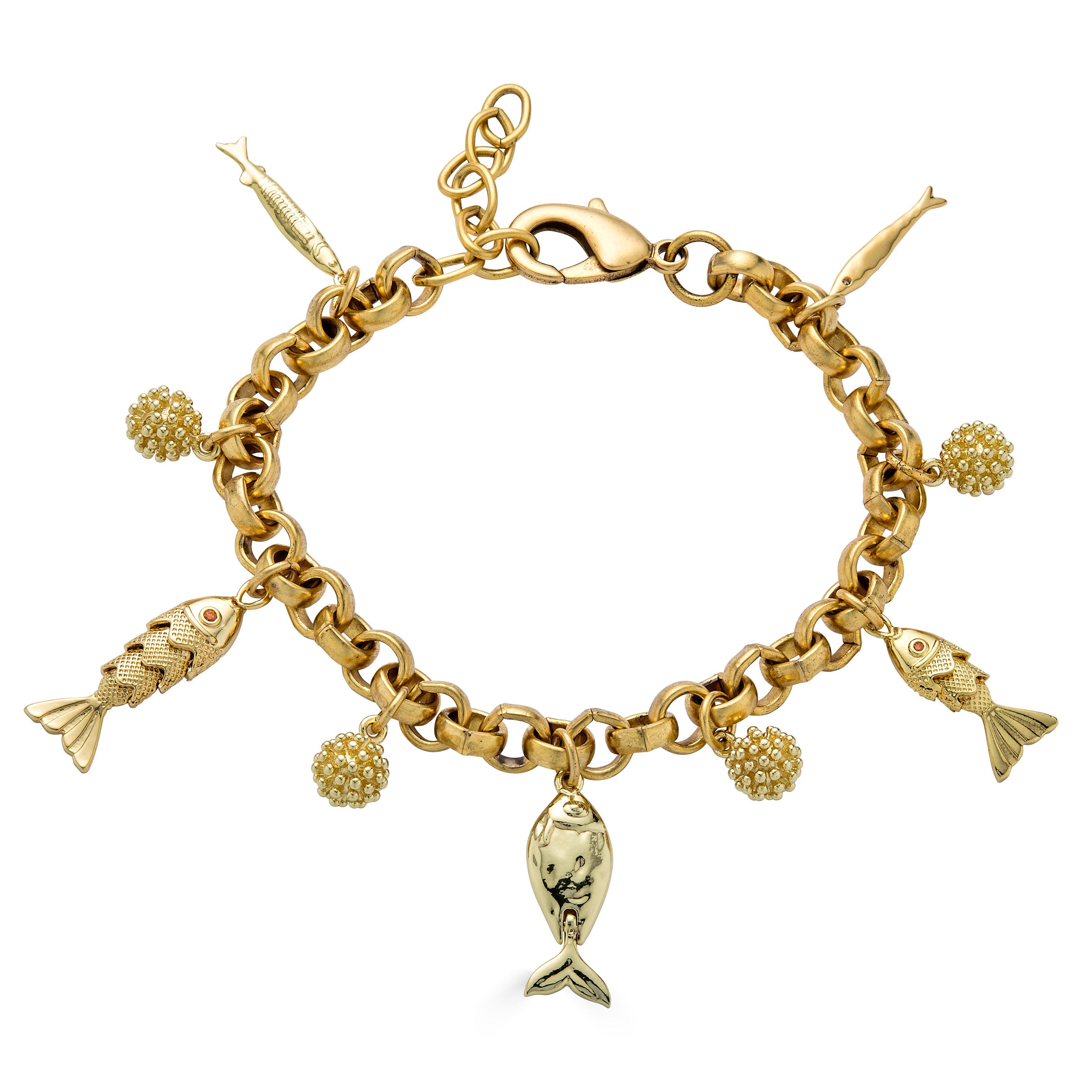 Gold charm bracelet with dangling fish charms and textured gold bead accents on a chunky chain.