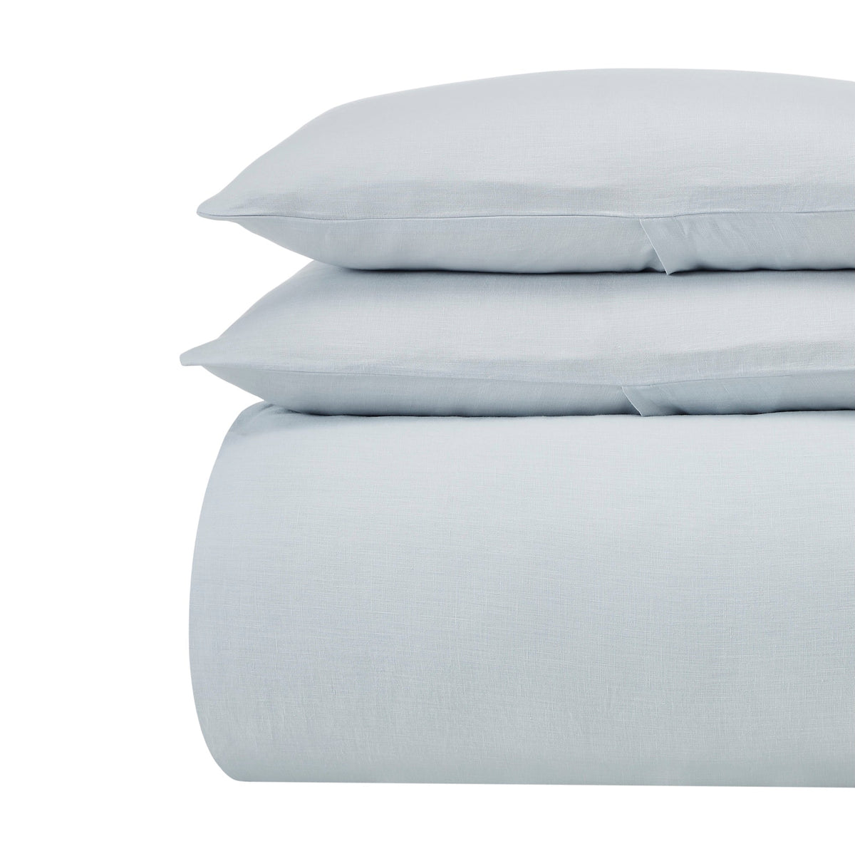 DT-042-10692_5|Folded light blue linen-blend duvet cover & shams, solid, soft, relaxed elegant bedding for serene sleep.