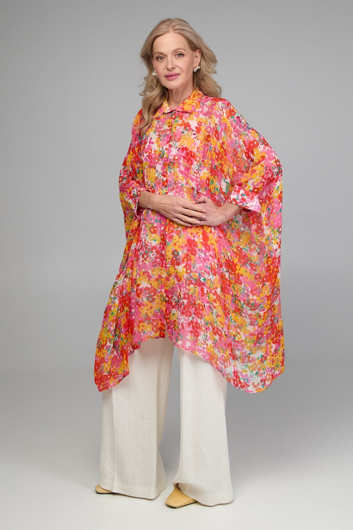 Oversized Colorful Floral Shirt Long - Hot Pink