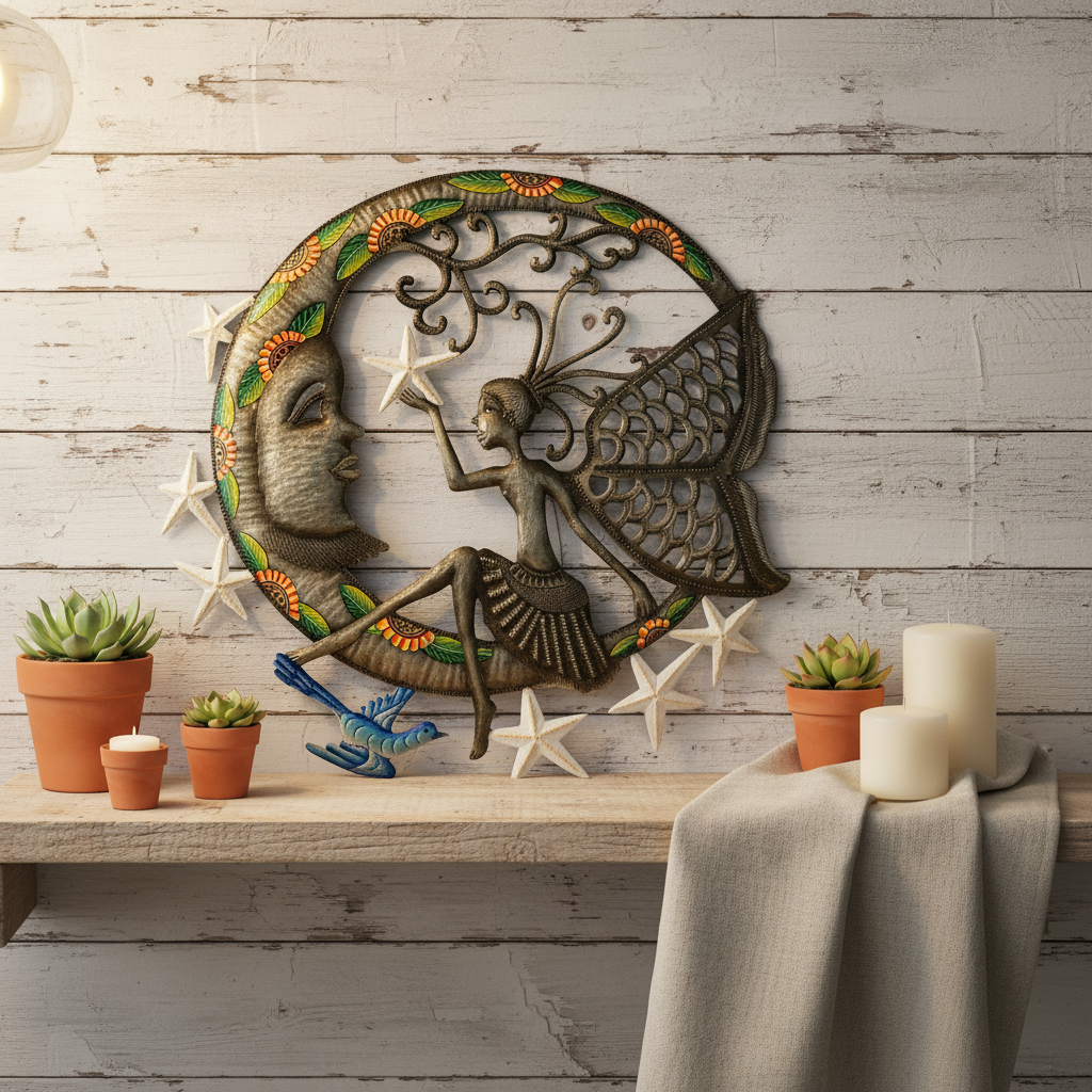 Painted Heavenly Bodies sun moon stars metal art styled on indoor rustic shelf