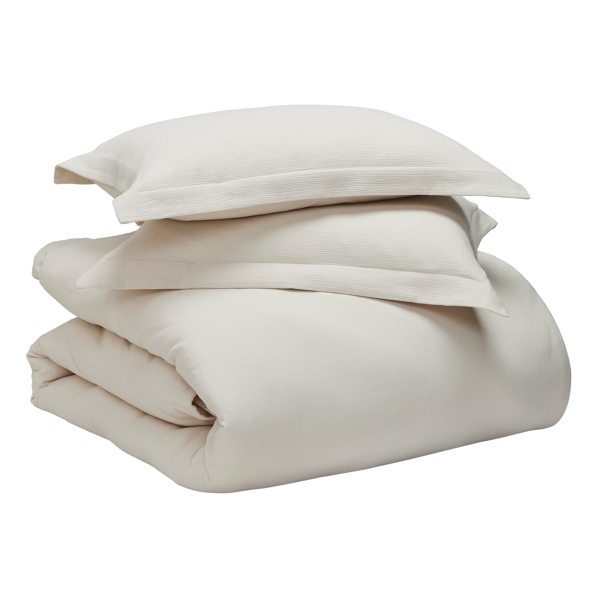 KS-068-2036_4|Stacked off-white textured duvet cover set with matching pillow shams, elegant and contemporary bedroom linen.