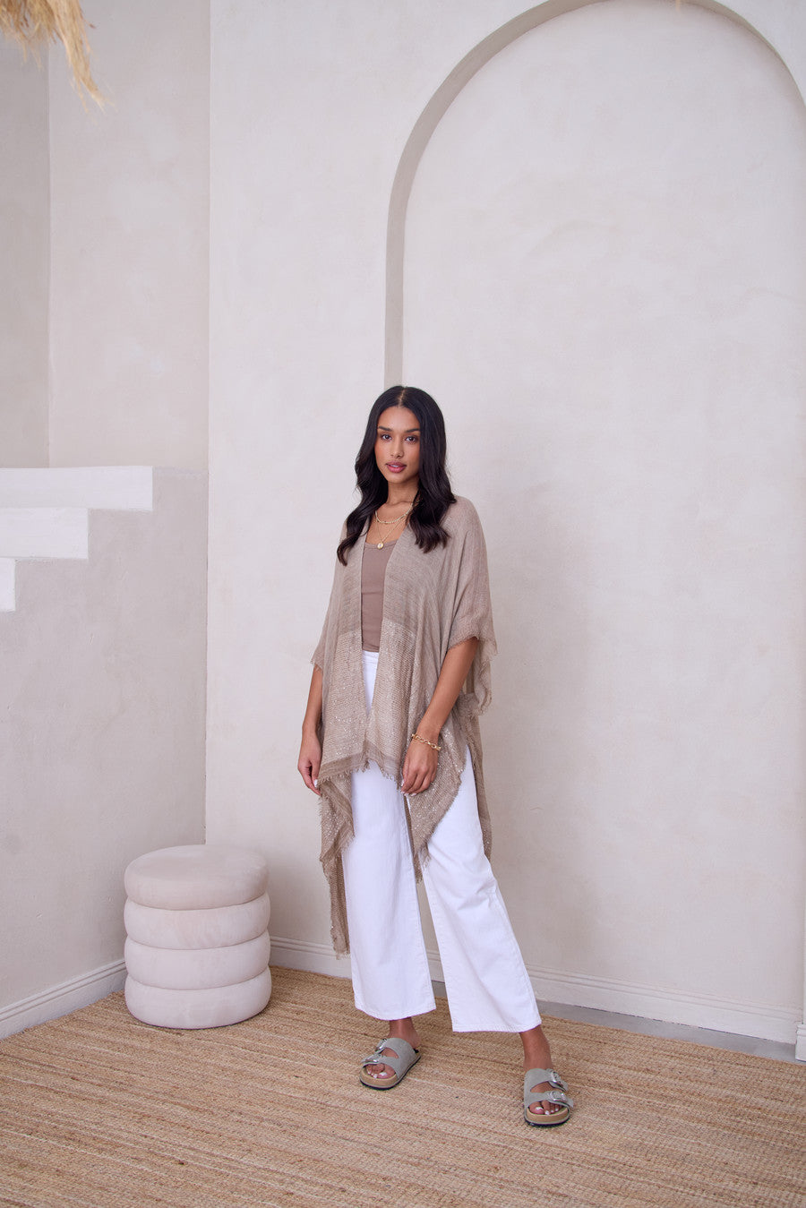 Fringed Sequin Kimono - Taupe