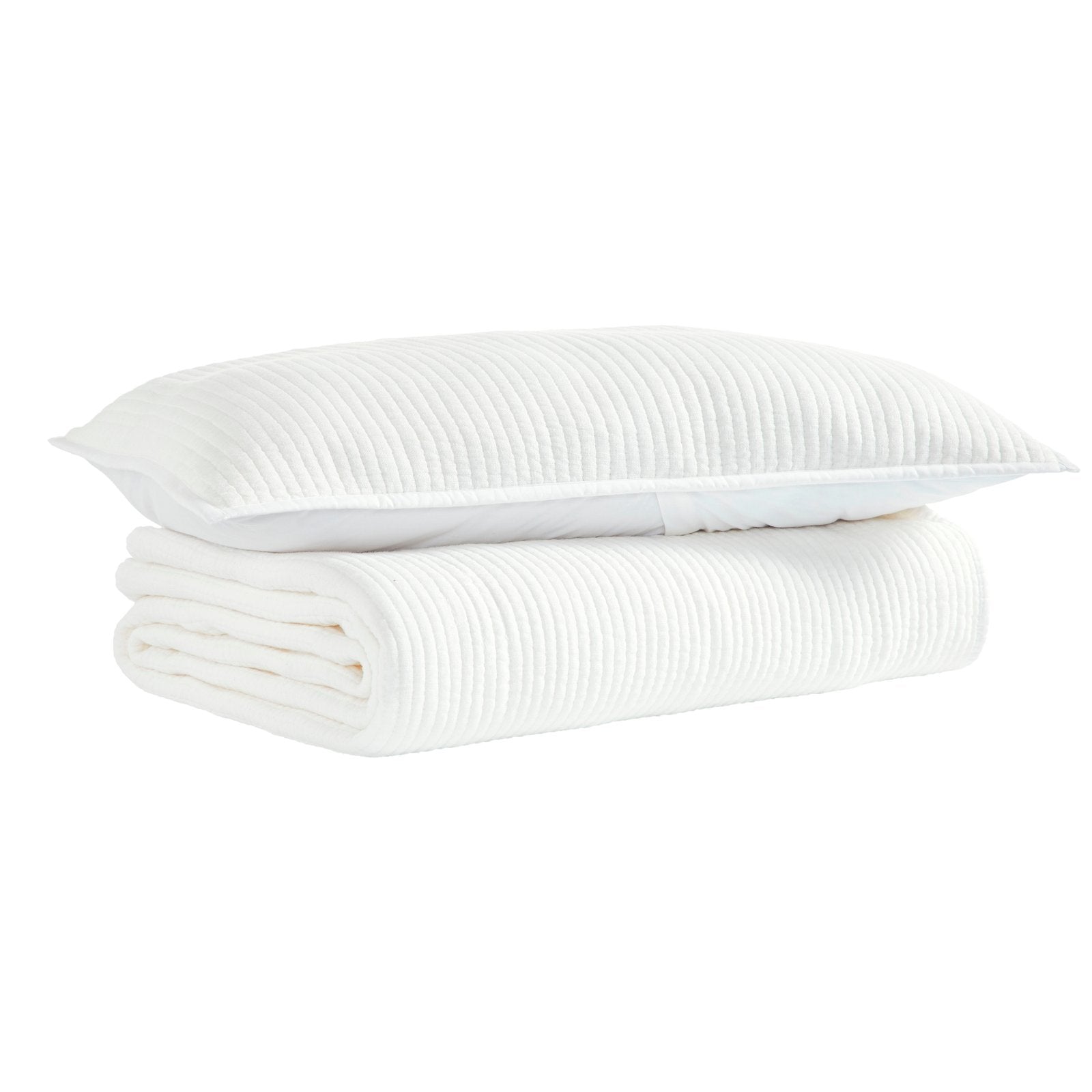 CL-196-9496_3|Crisp white channel stitch quilted coverlet, neatly folded, with a coordinating pillow, perfect for minimalist bedding.