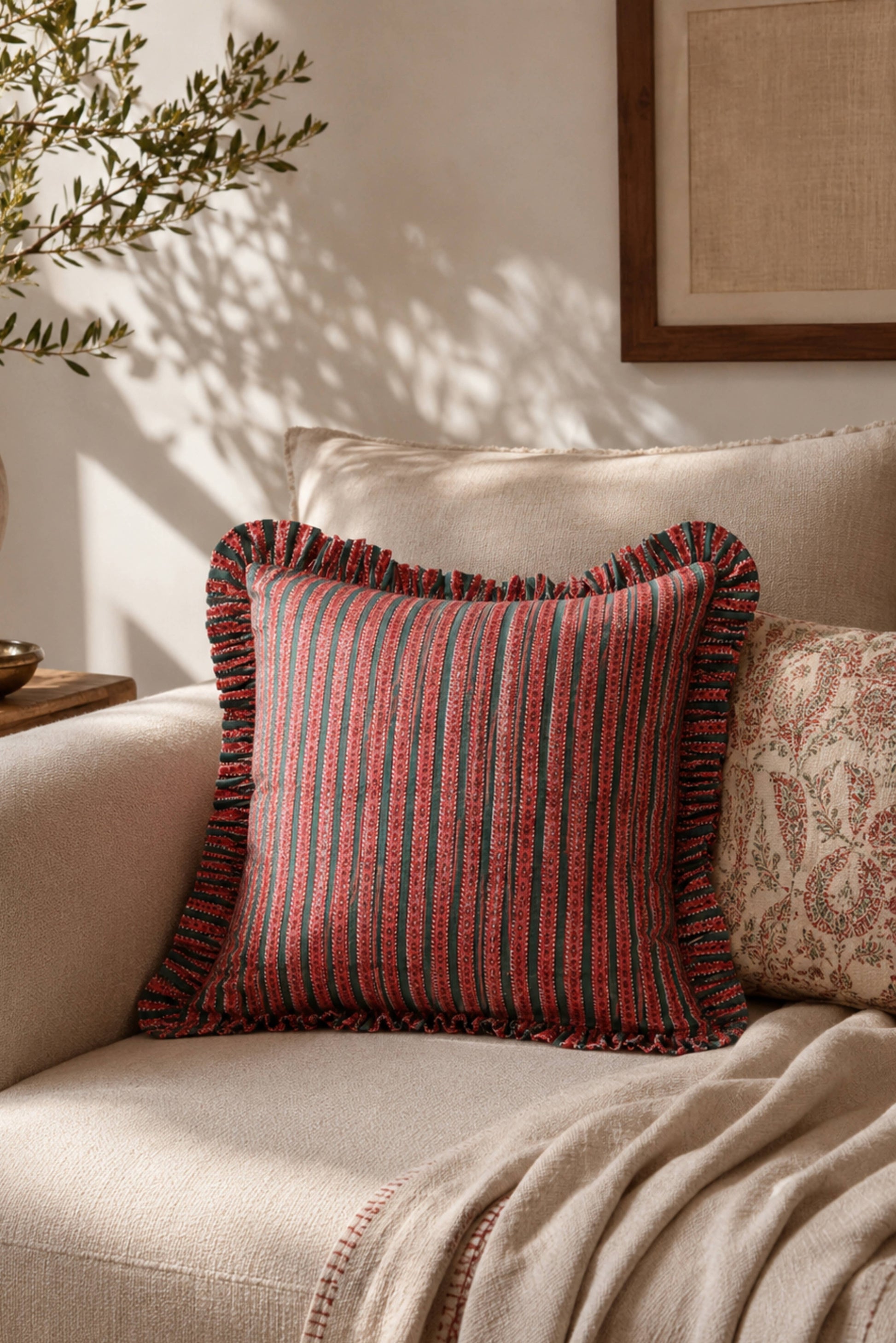 Mulled Spice Holiday Crimson Ruffle Blockprint Pillow Cover