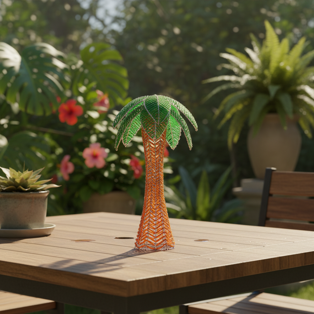 Beaded palm tree sculpture on sunny outdoor patio - 25PTRLS1