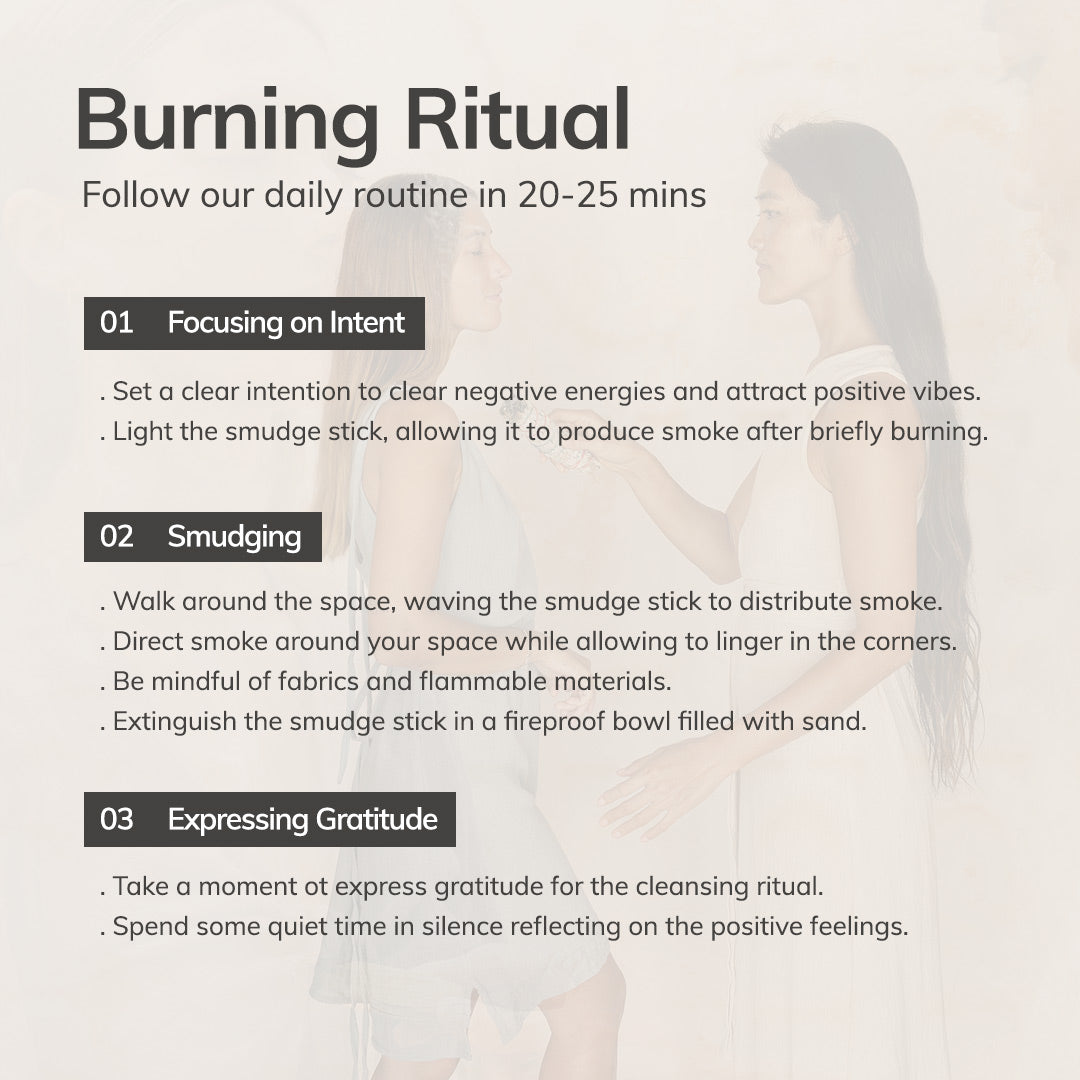 Three-step ritual guide showing how to use smudge sticks with intention, smudging, and gratitude