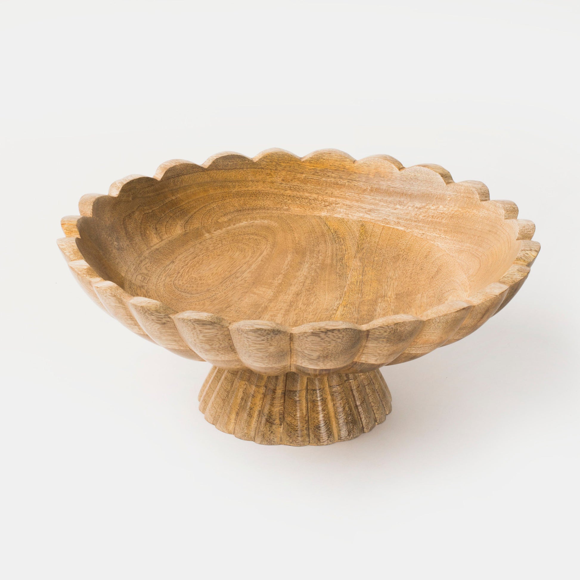 Natural mango wood fluted pedestal bowl with scalloped edges