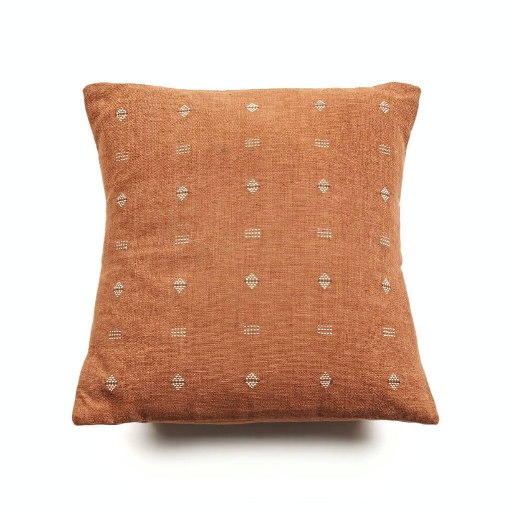 Nira Ochre Hand Spun Organic Cotton Handloom Pillow showcasing handwoven design in ochre color.