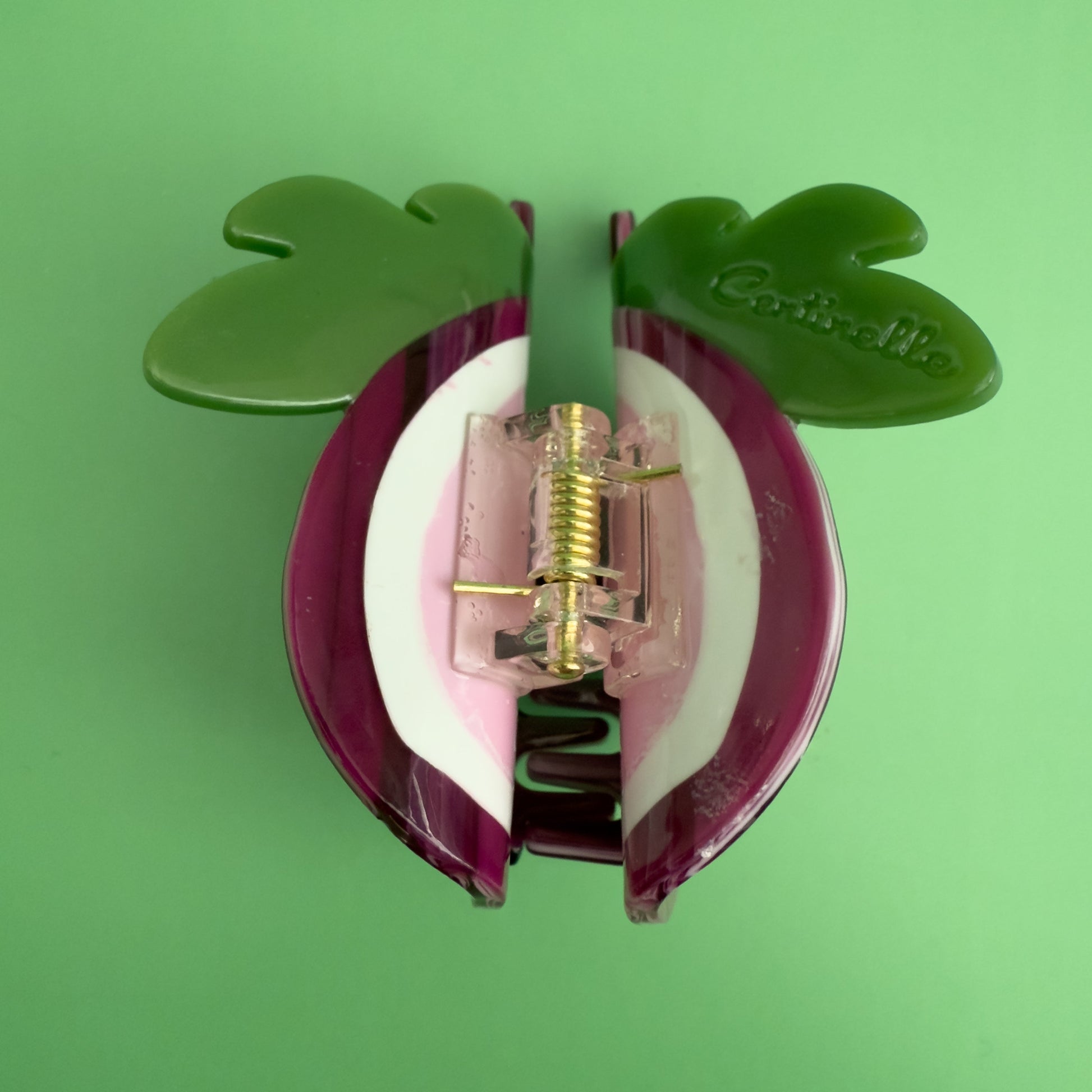 Decorative hair claw like a sliced fig on a green background. 