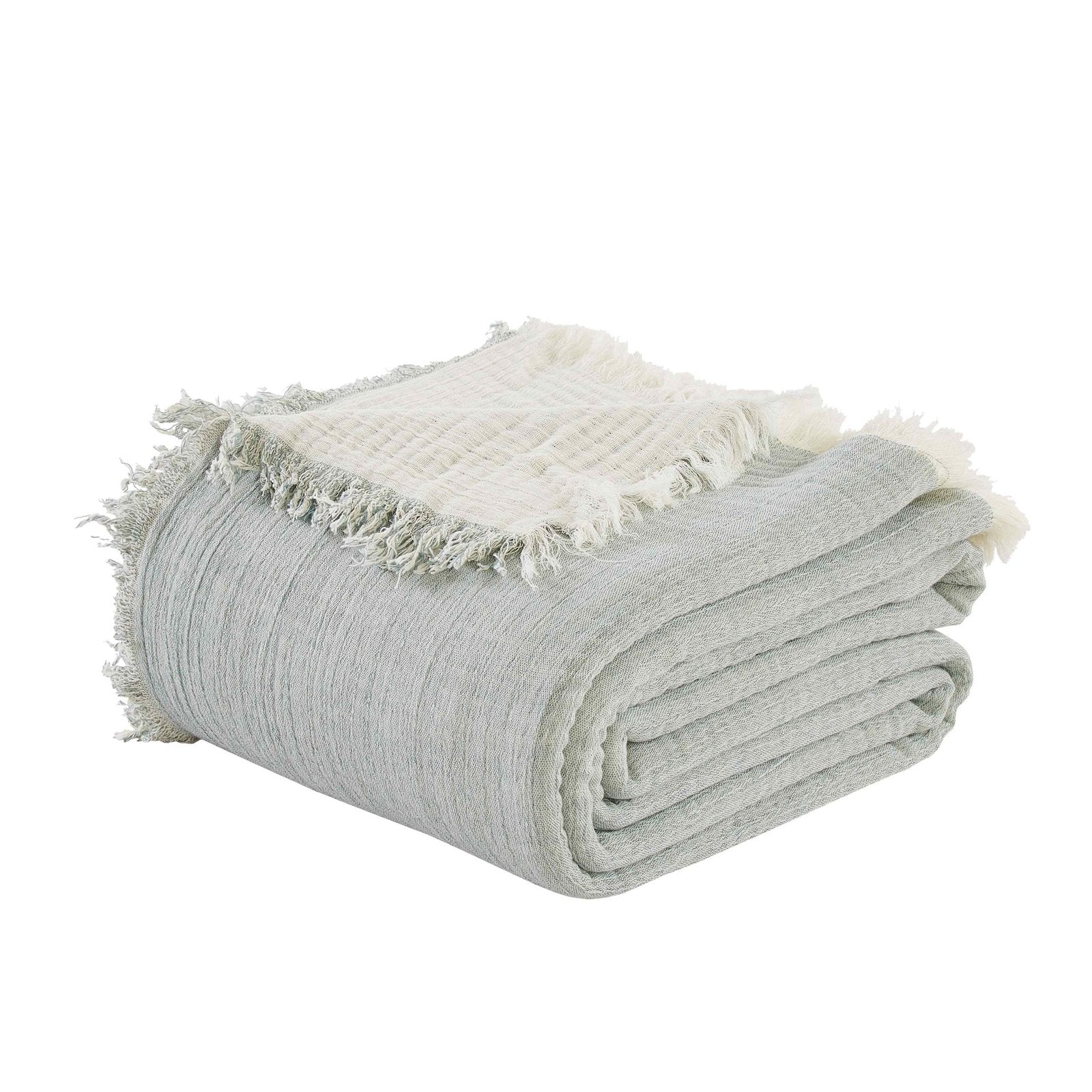 BT-109-11096_2|Folded light blue crinkled blanket with frayed edges, revealing its soft texture and reversible design for relaxed home comfort.