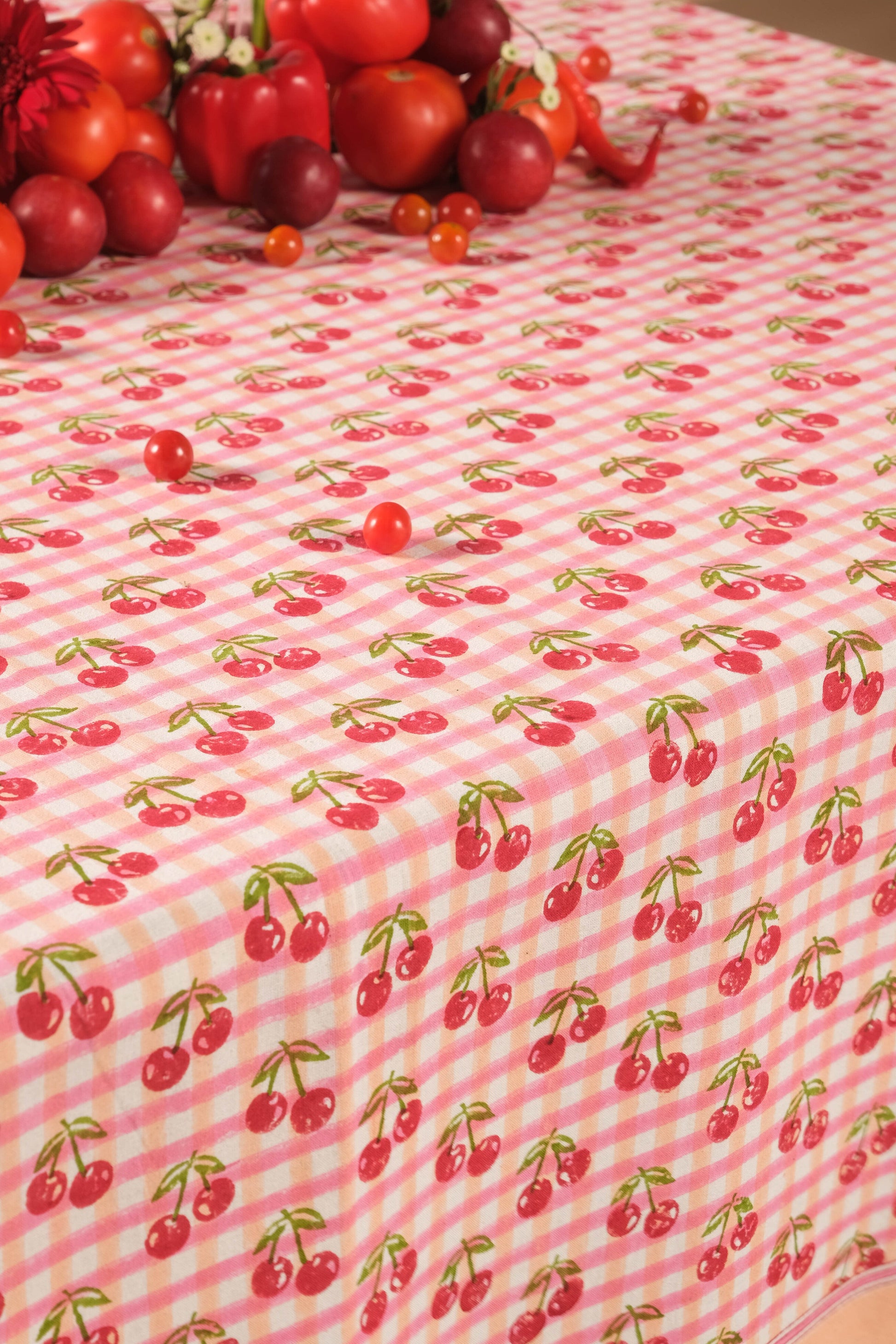 Red gingham cherry blockprint fabric tablecloth with fruit accents