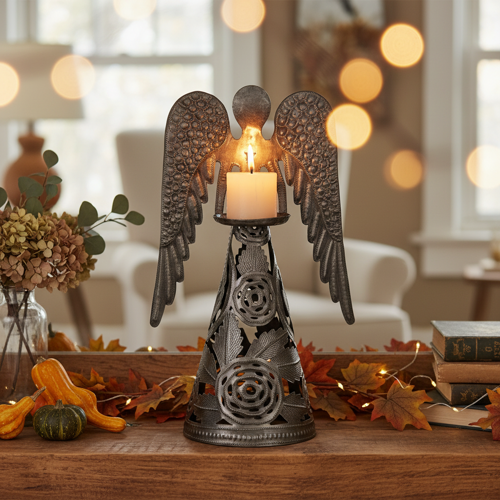 Standing Rose Angel Candle Holder styled on a rustic wooden mantelpiece in a cozy living room - SM964