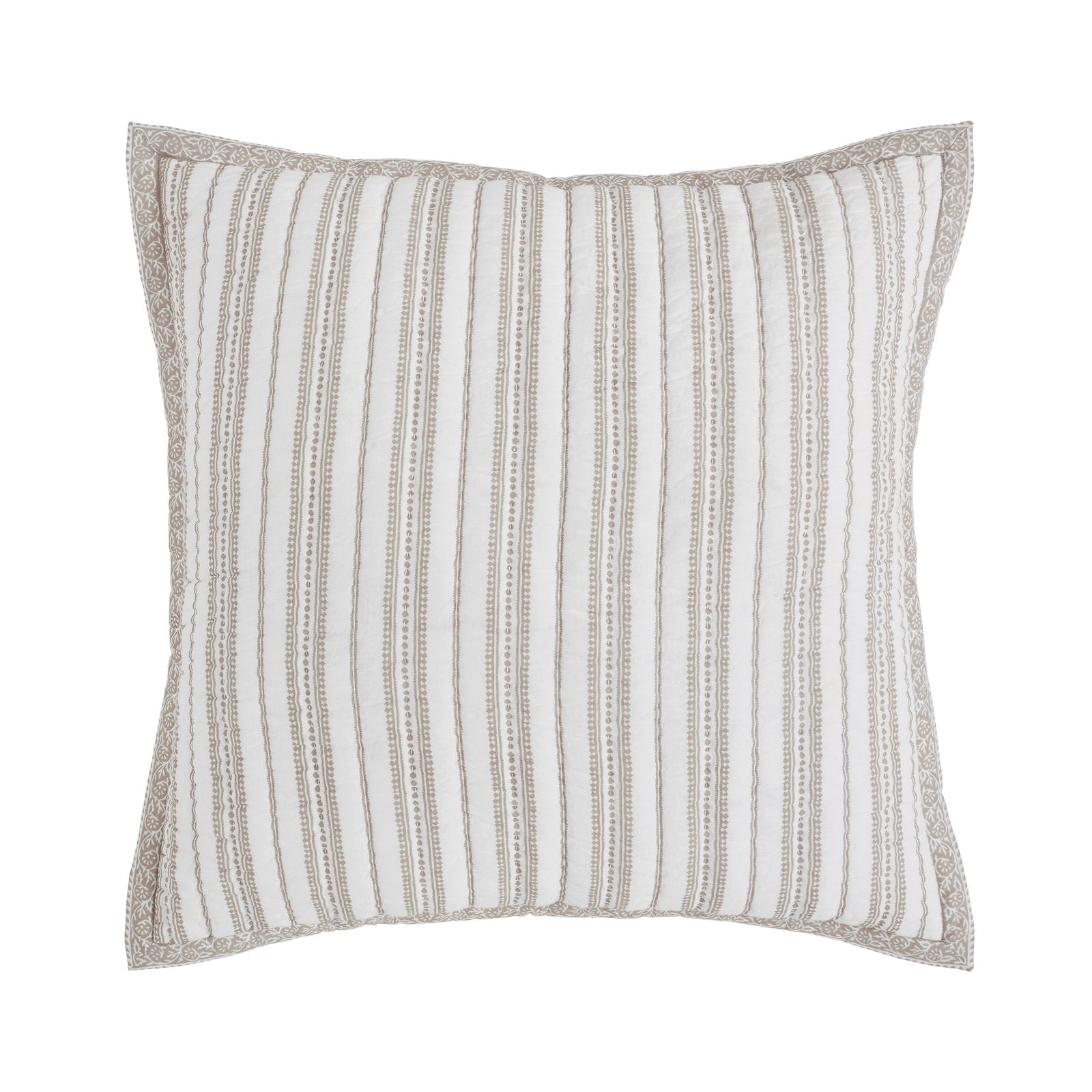 SS-347-X_1|White pillow sham with delicate vertical striped pattern and ornate embroidered border. Elegant bedding accessory.