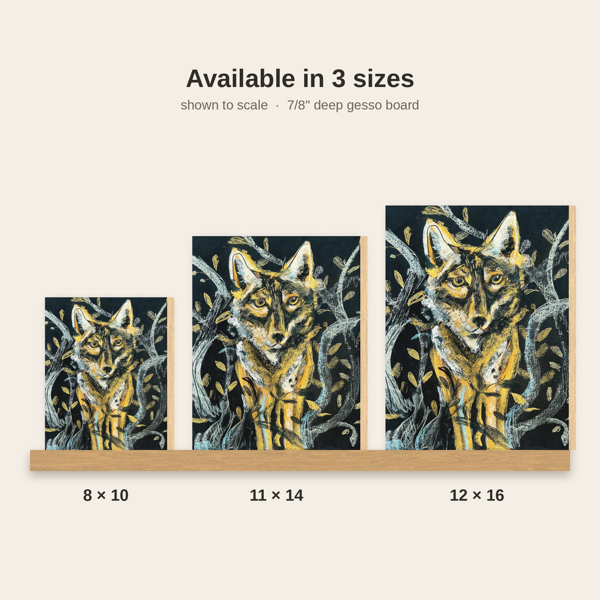 Coyote in the Woods moonlit folk art print, shown in three sizes side by side to scale
