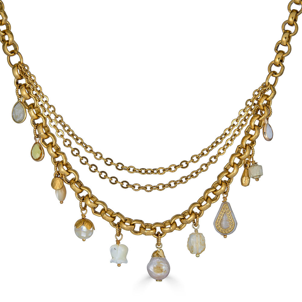 Earthtone Charm Necklace with gold chains and neutral gemstone drops