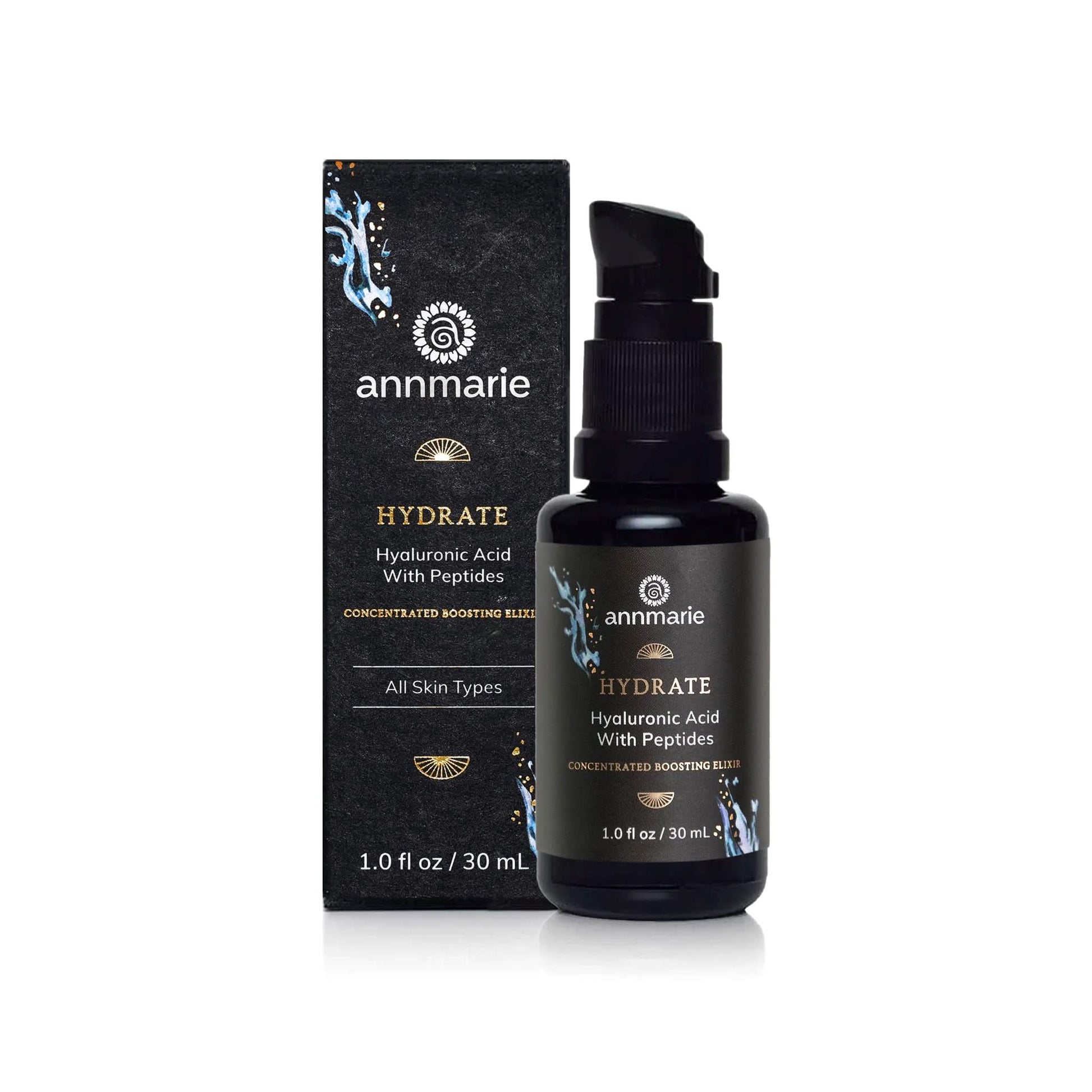 Hydrate Hyaluronic Acid with Peptides concentrated boosting elixir in a dark glass pump bottle with matching product box on a white background