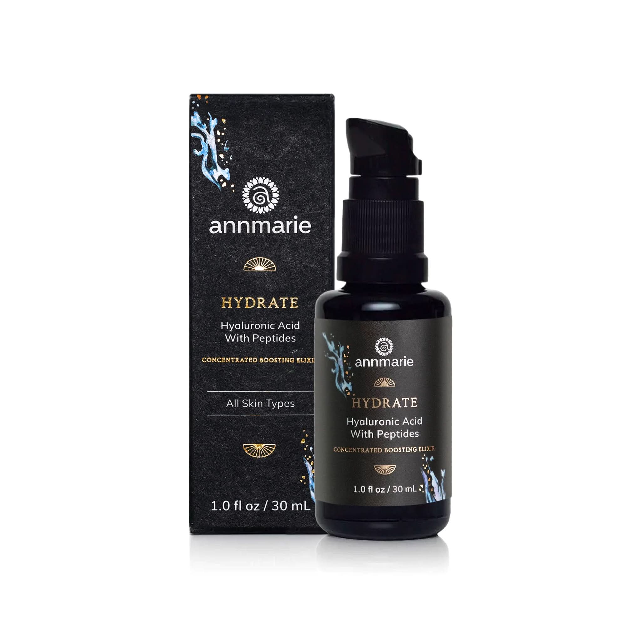 Hydrate Hyaluronic Acid with Peptides concentrated boosting elixir in a dark glass pump bottle with matching product box on a white background