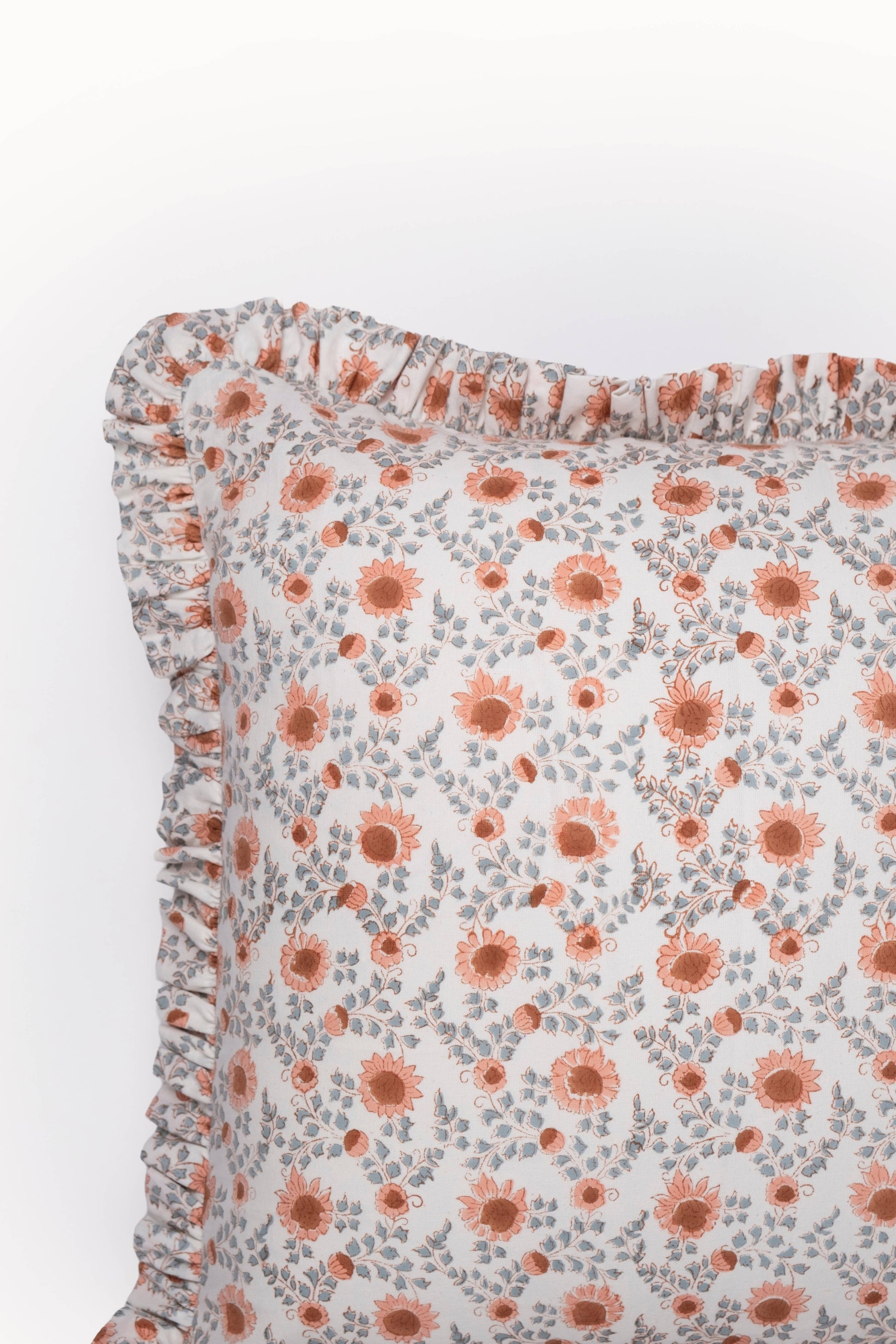Apricot & Sage Ruffle Blockprint Pillow Cover
