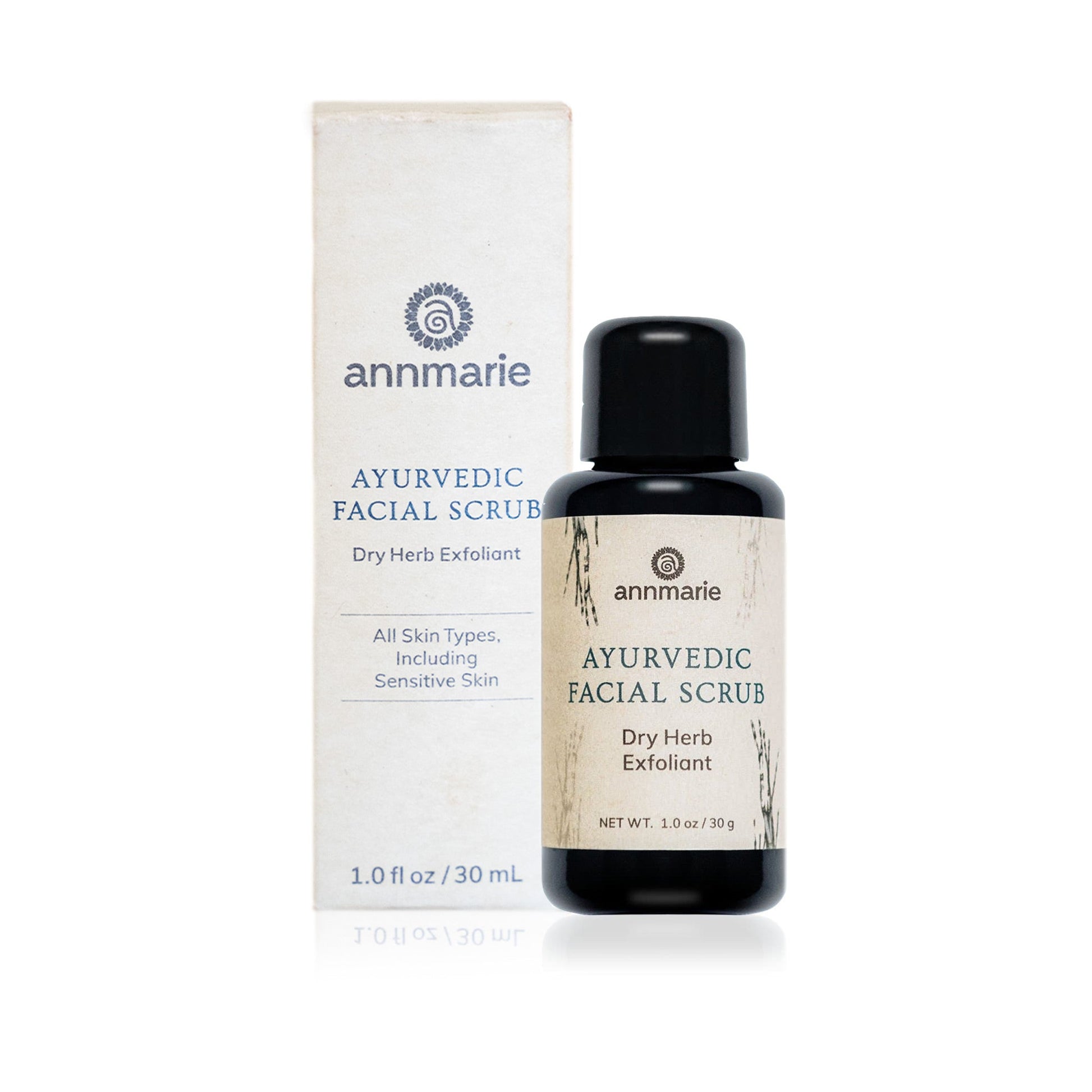 Annmarie Ayurvedic Facial Scrub dry herb exfoliant with packaging for gentle exfoliation suitable for all skin types including sensitive skin.
