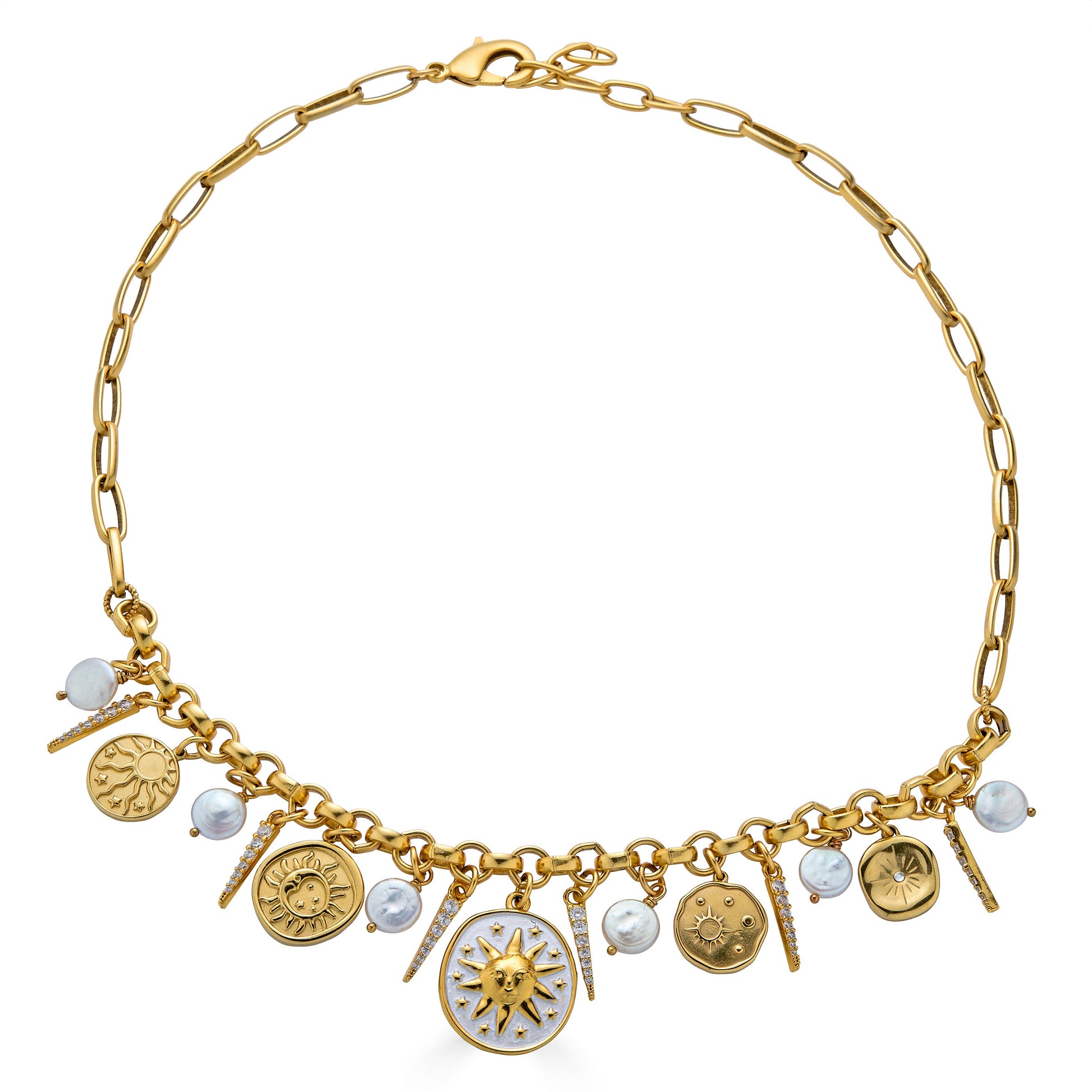 Gold celestial charm necklace with sun medallions, coin pearls, pavé crystal accents, and dangling celestial charms on a chunky chain.