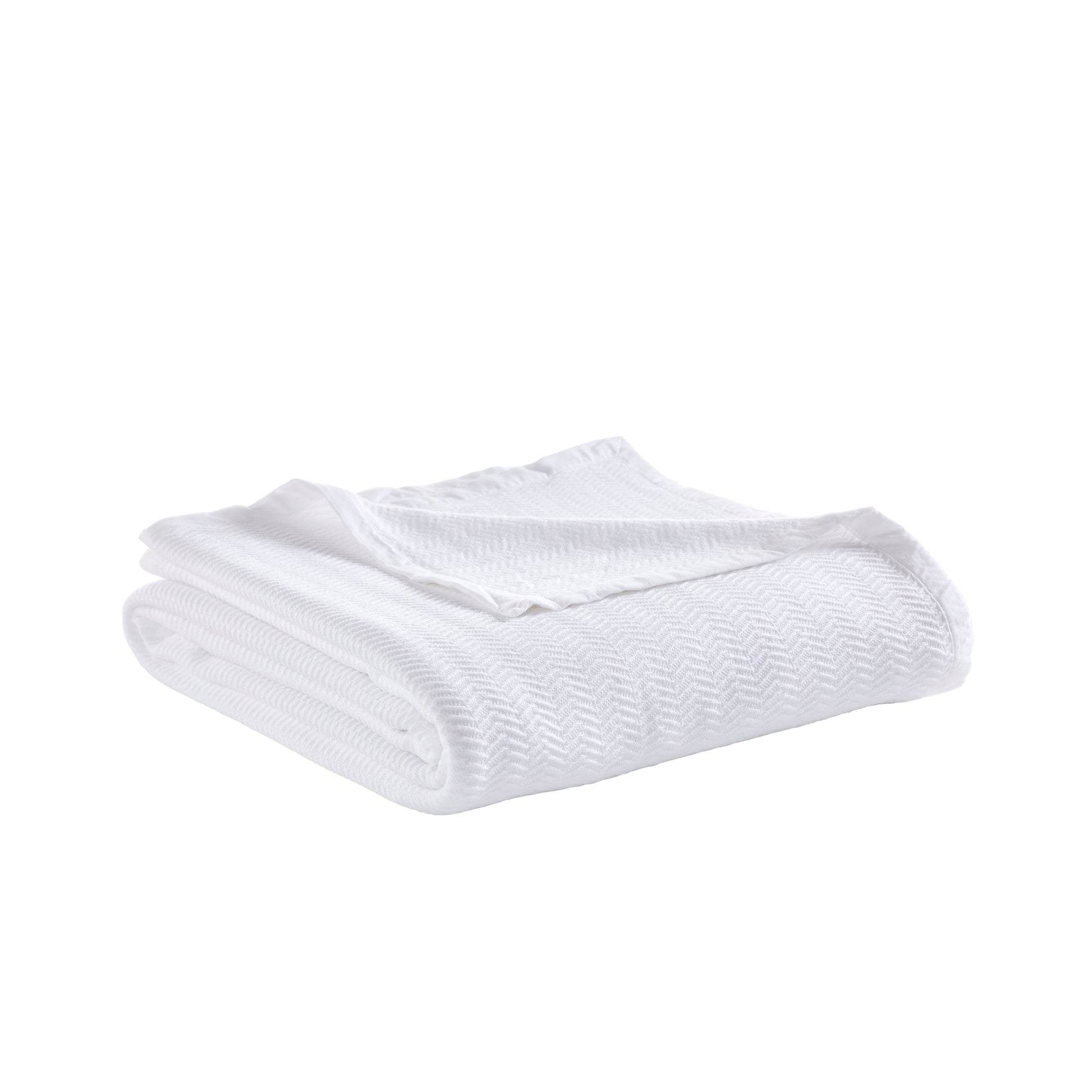 BL-853-9496_3|Folded white herringbone pattern blanket, showcasing its unique weave and crisp, clean aesthetic.