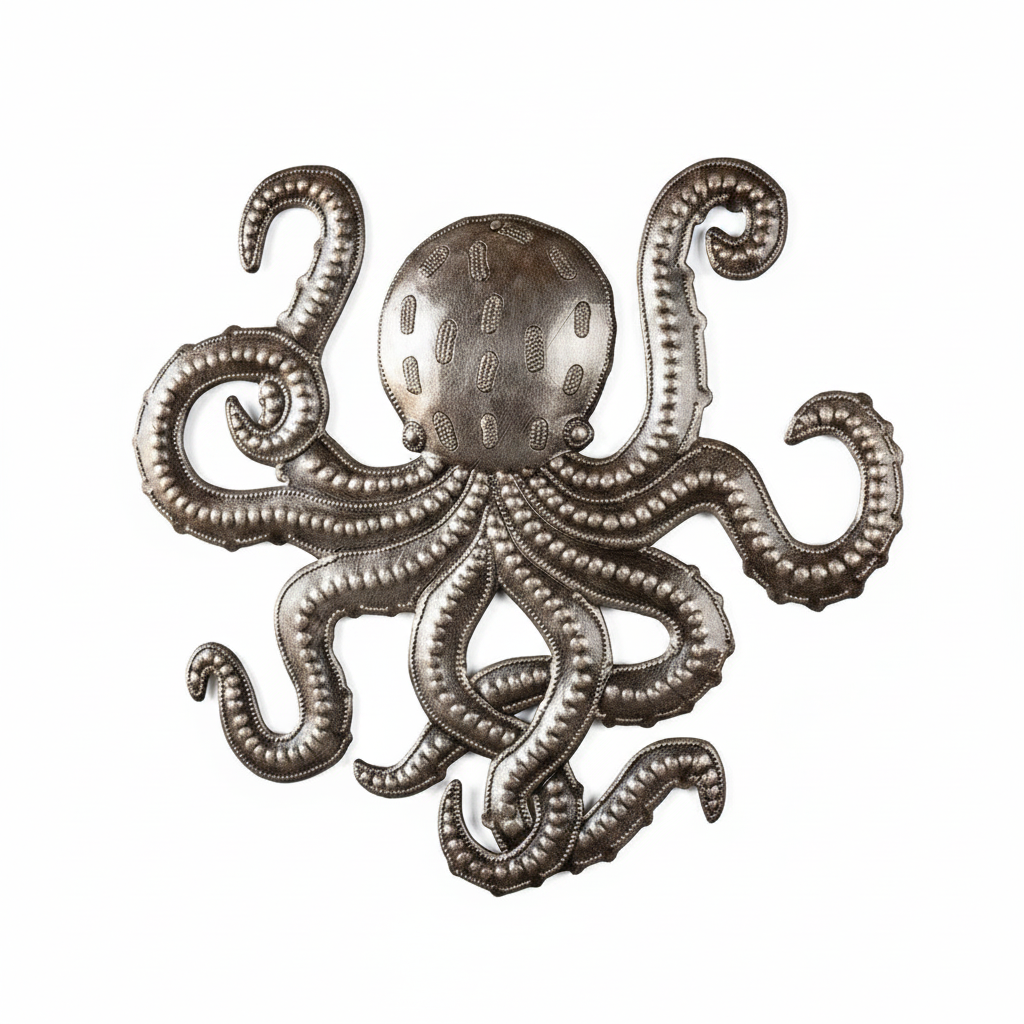 Octopus Magic handcrafted Haitian metal art wall sculpture on white background