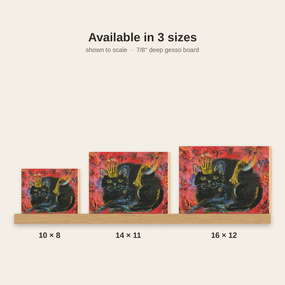 Crowned black cat with bird red folk art print, shown in three sizes side by side to scale