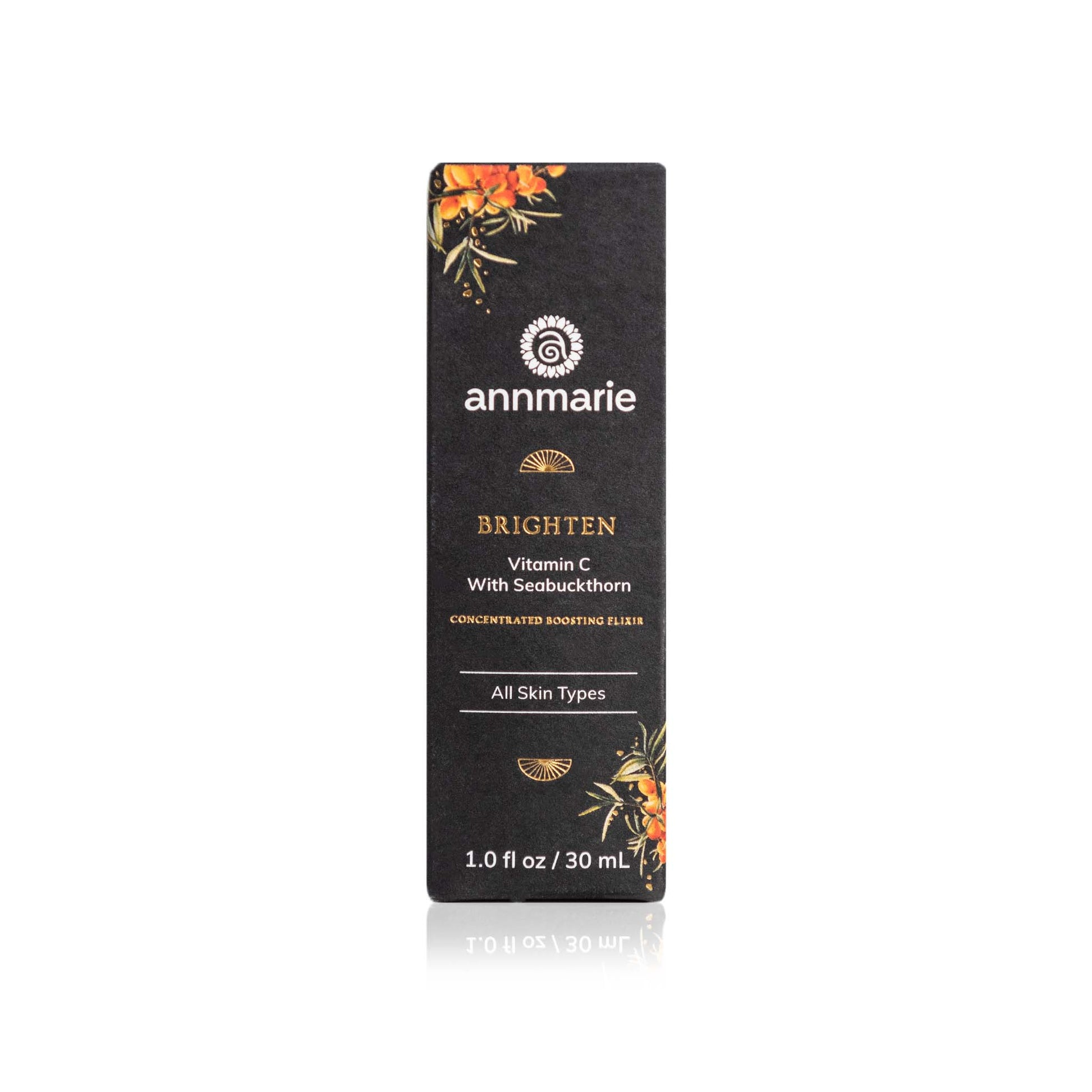 Brighten Vitamin C with Seabuckthorn concentrated boosting elixir product packaging box for all skin types on a white background.