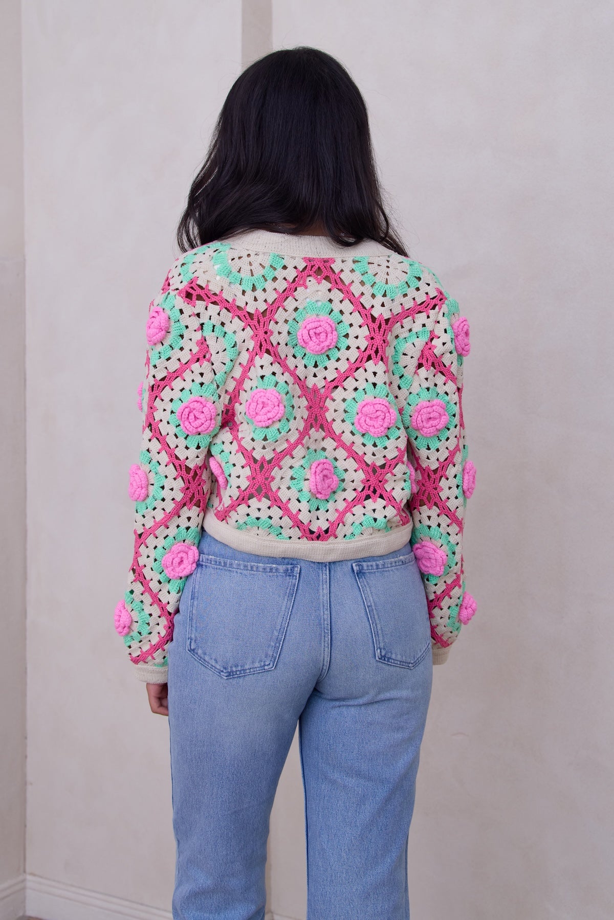 Rosette Crochet Cardigan - Pink