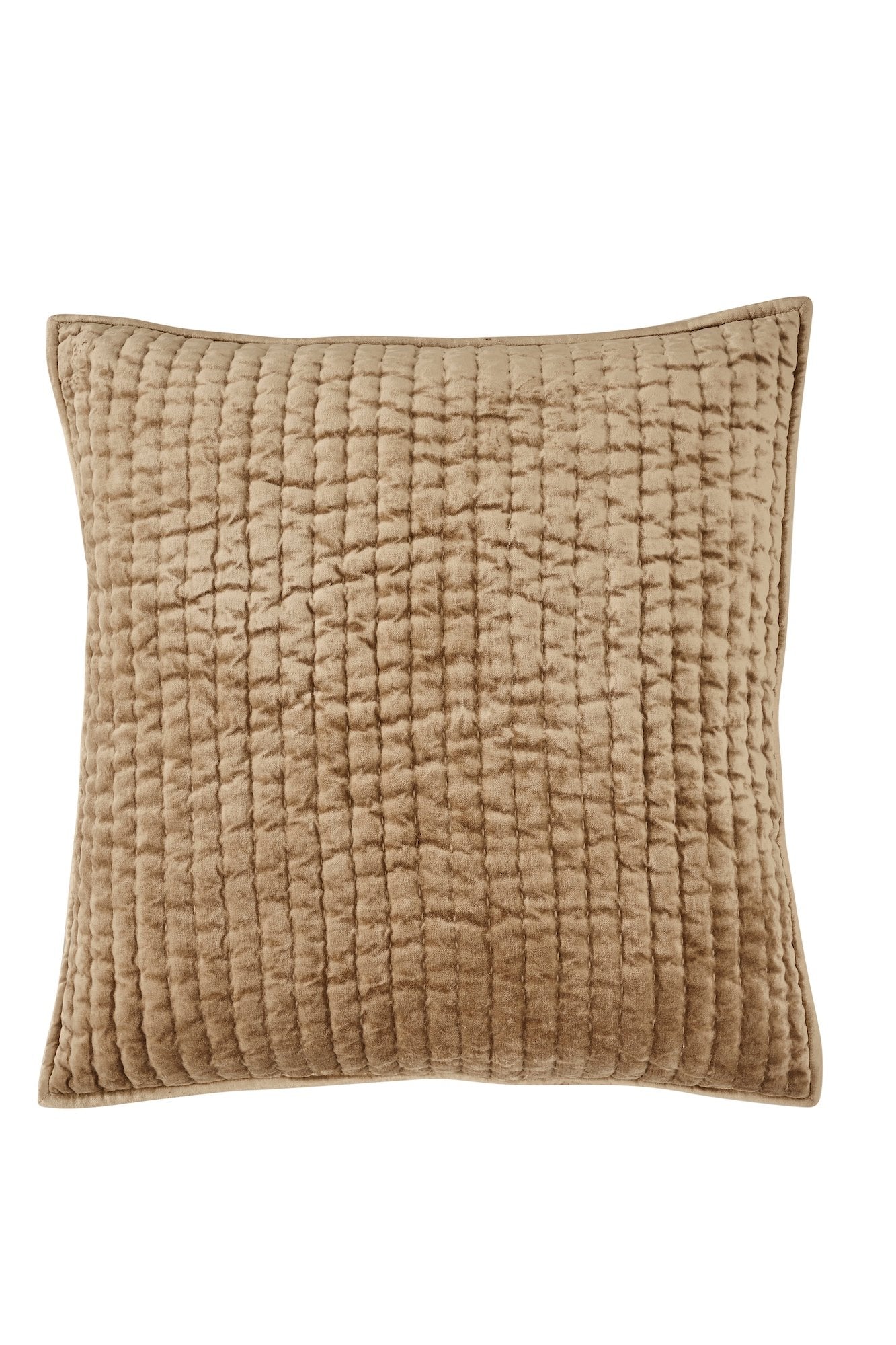 ES-362-2626_1|Tan velvet-look square quilted decorative pillow. Features a detailed grid pattern stitching with a soft, plush texture.