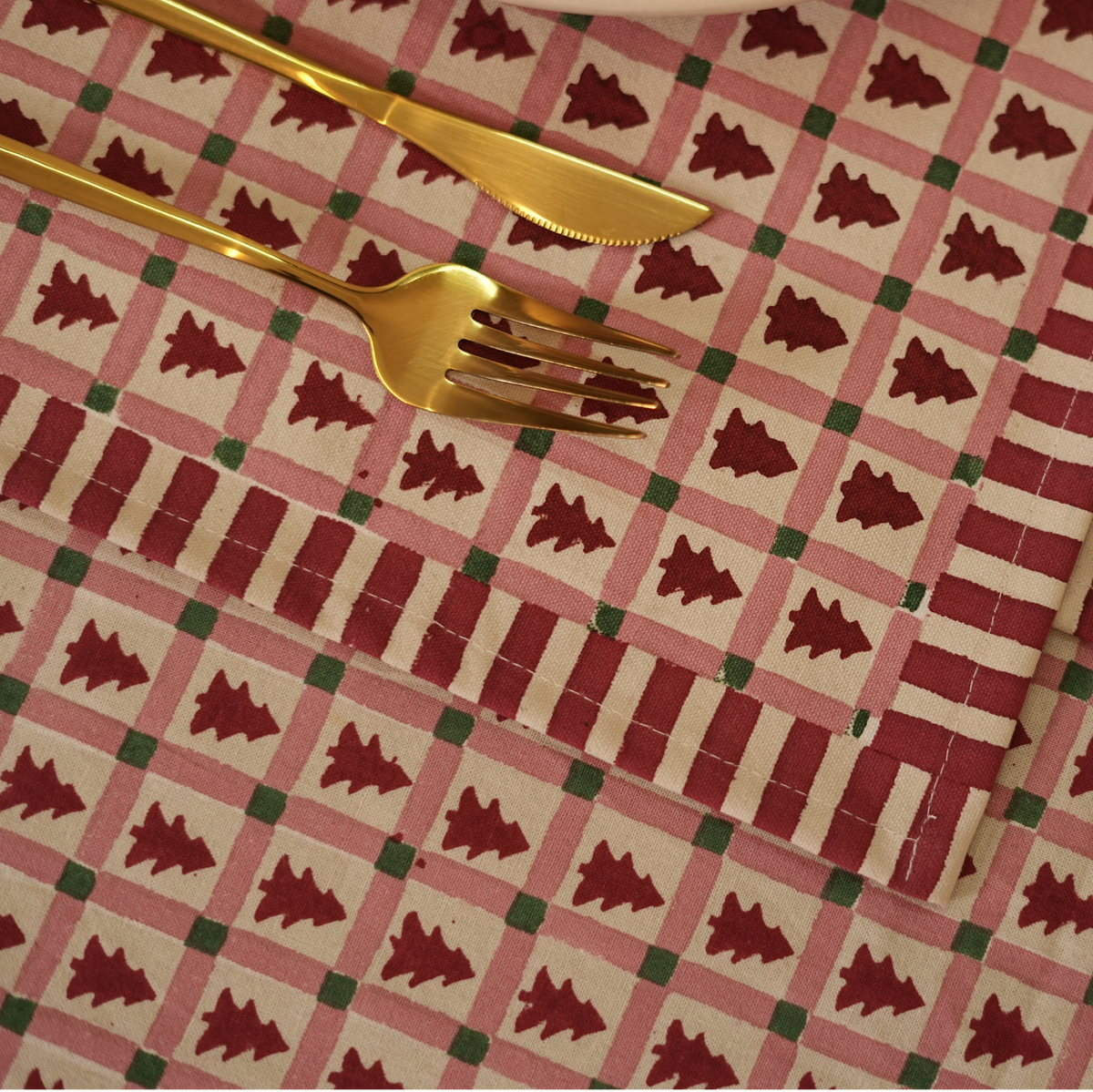 Merry Conifers - Hand Block-Printed Cotton Tablecloth, Red
